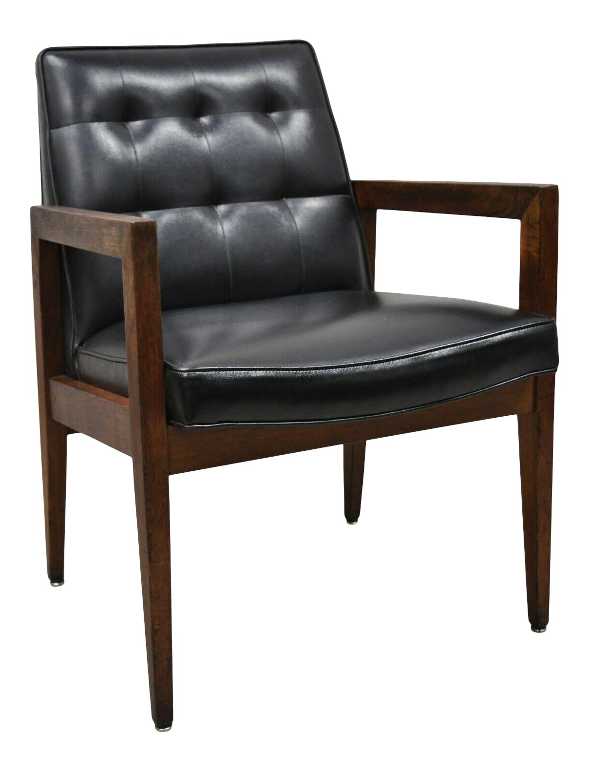 Vintage Mid Century Modern Jens Risom Style Walnut Black Vinyl Lounge