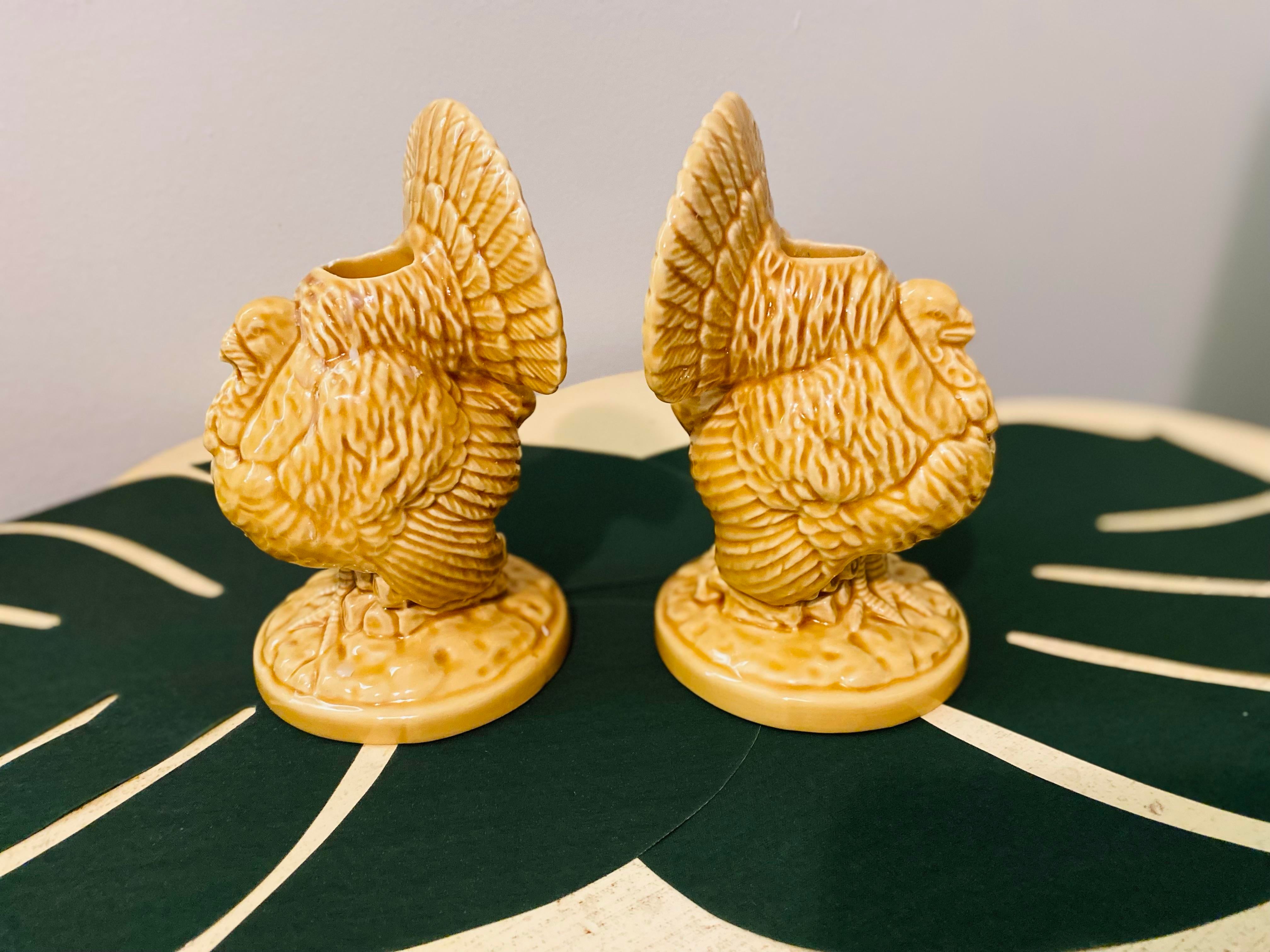Vintage Bordallo Pinheiro Majolica Turkey Candle Holders - Set of