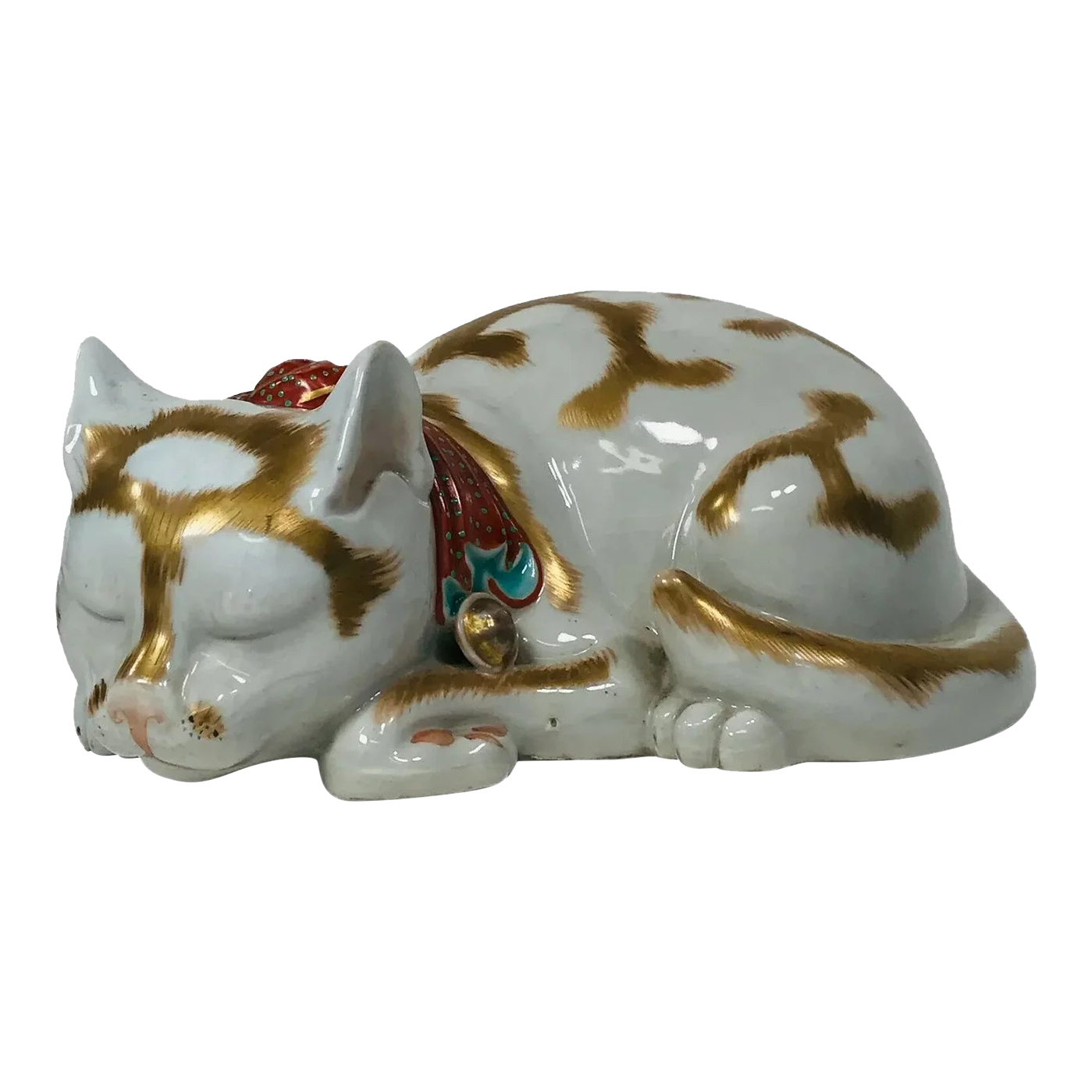 Early 20th Century Japanese Kutani Porcelain Figure of a Sleeping Cat |  Chairish