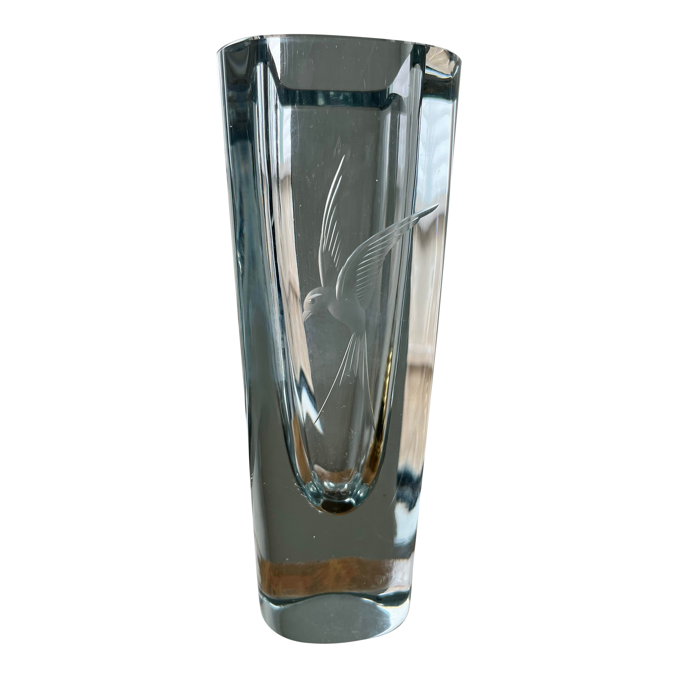 1960s Strombergshyttan Etched Hummingbird Art Glass Vase-Sweden