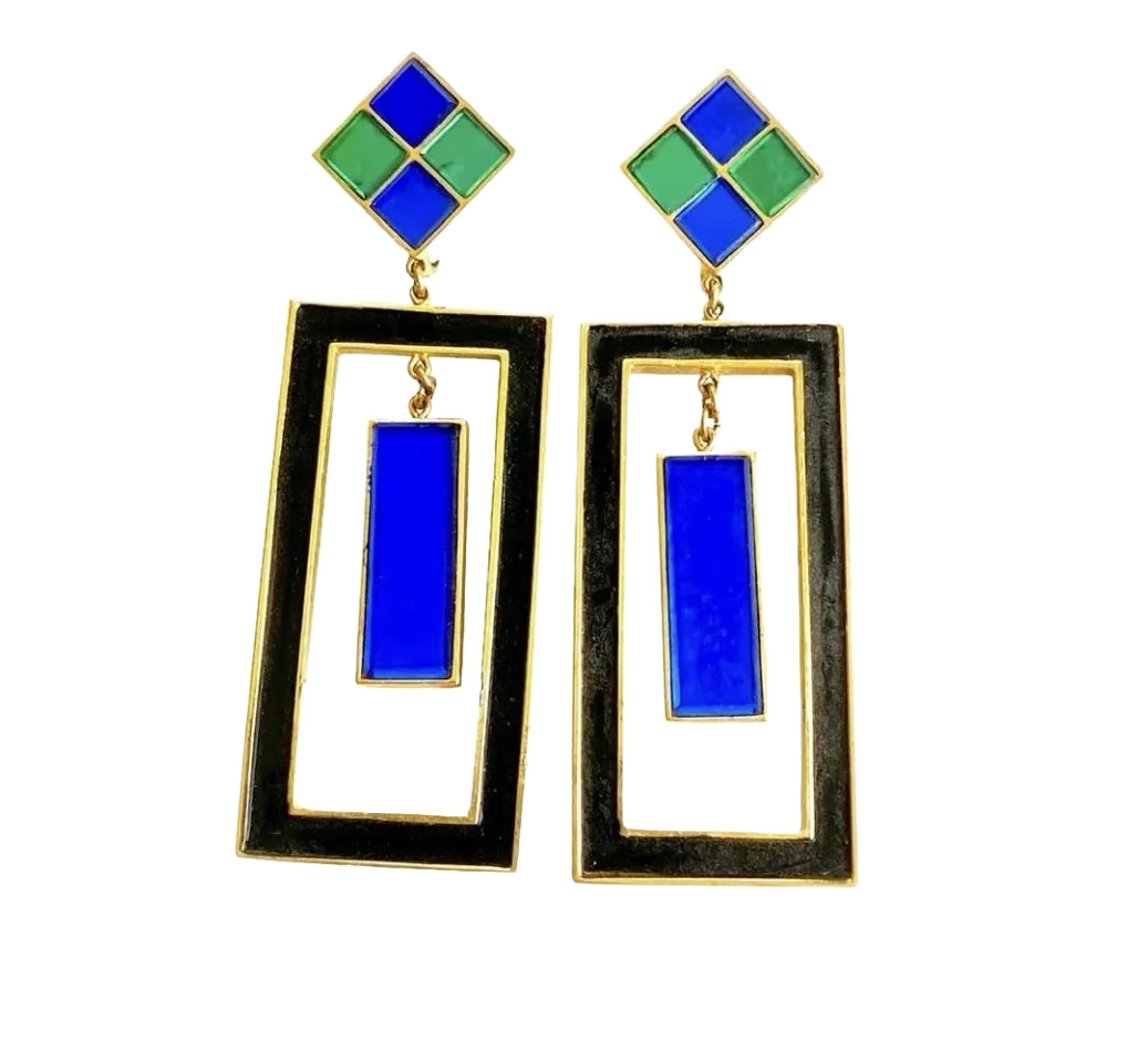 Trifari Hall of Mirrors Earrings Green & Blue Vintage Clip-On Drop Chandelier Statement Signed