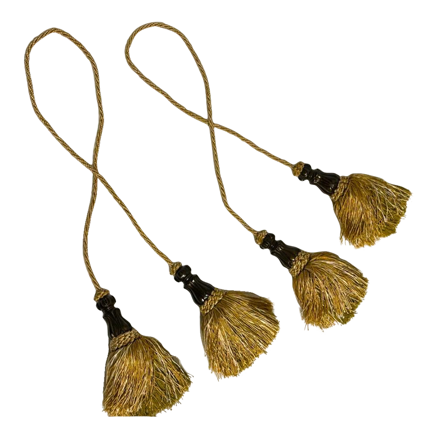 1980s Pair of Long Corded Curtain Tie Backs With Gold Fringe Tassels