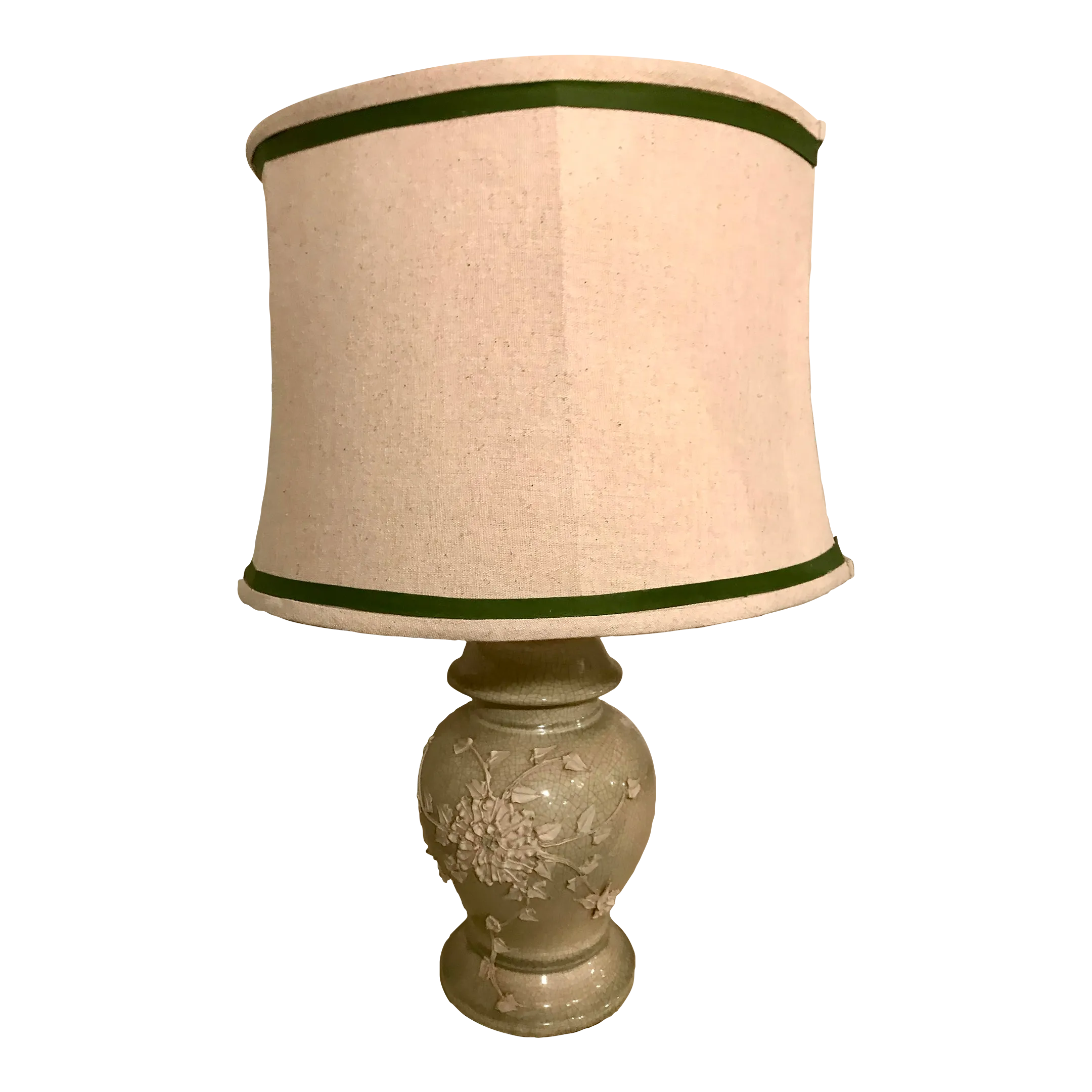 1940\'s Chinoiserie Chic Celadon Ginger Jar Table Lamp With White Floral Relief and New Custom Linen Shade