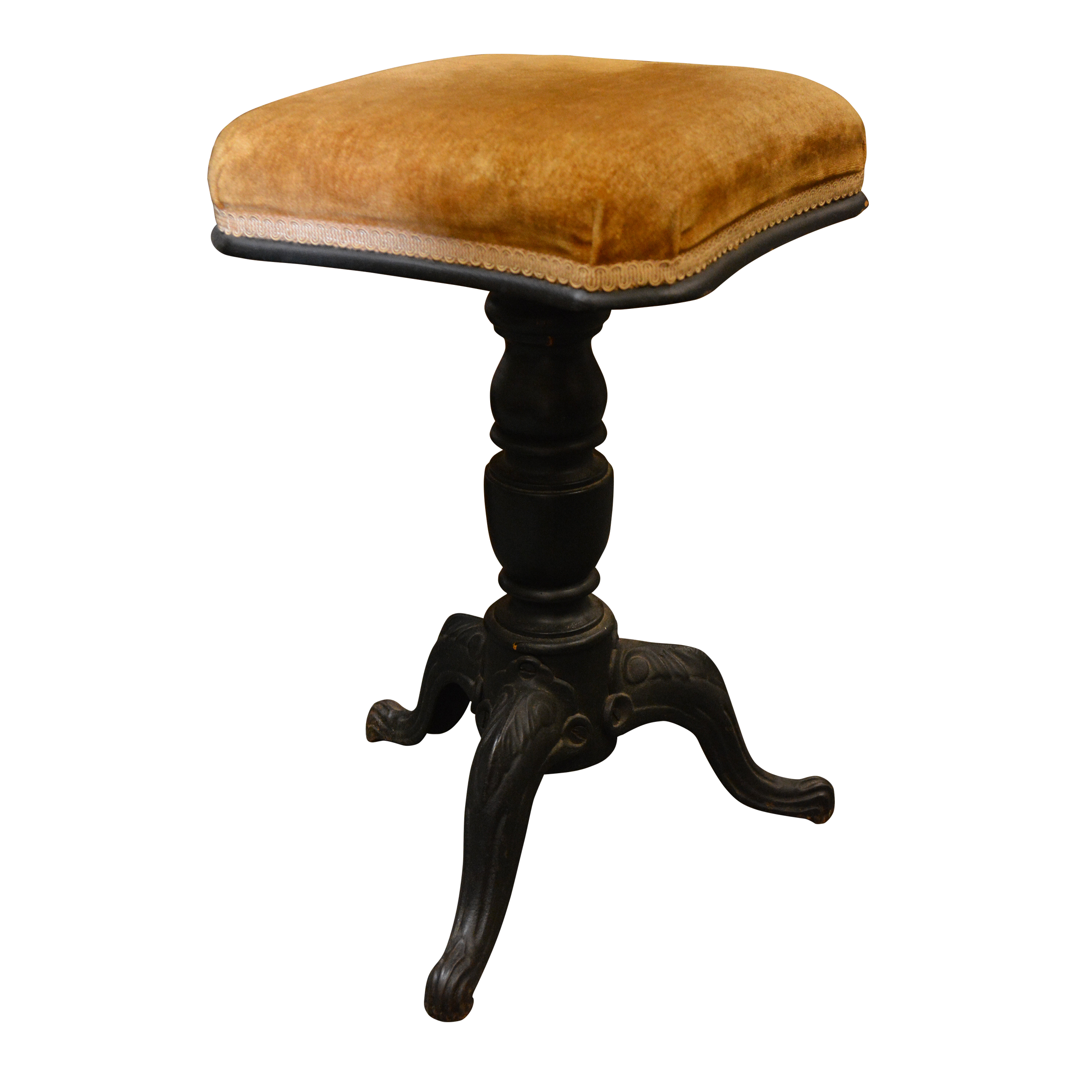 Vintage Cast Iron & Carved Wood Gold Velvet Square Adjustable Piano