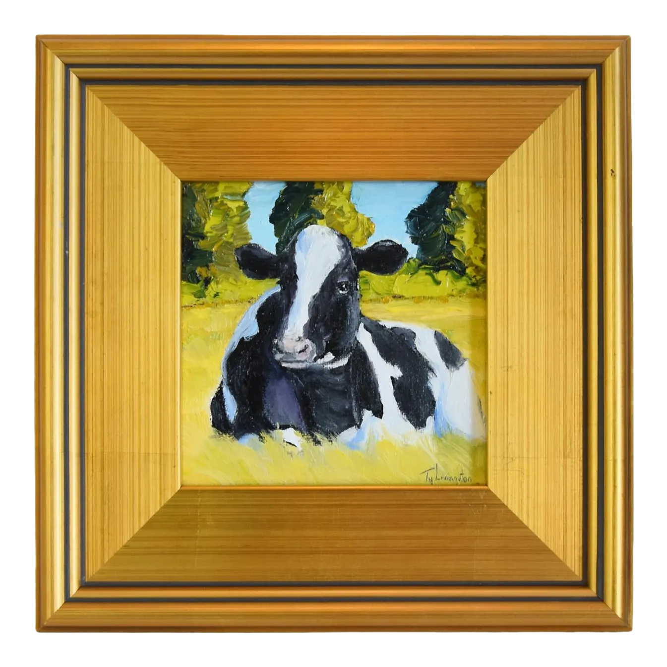 Holstein Cow Portrait Landscape Impressionist Oil Painting Displayed in
