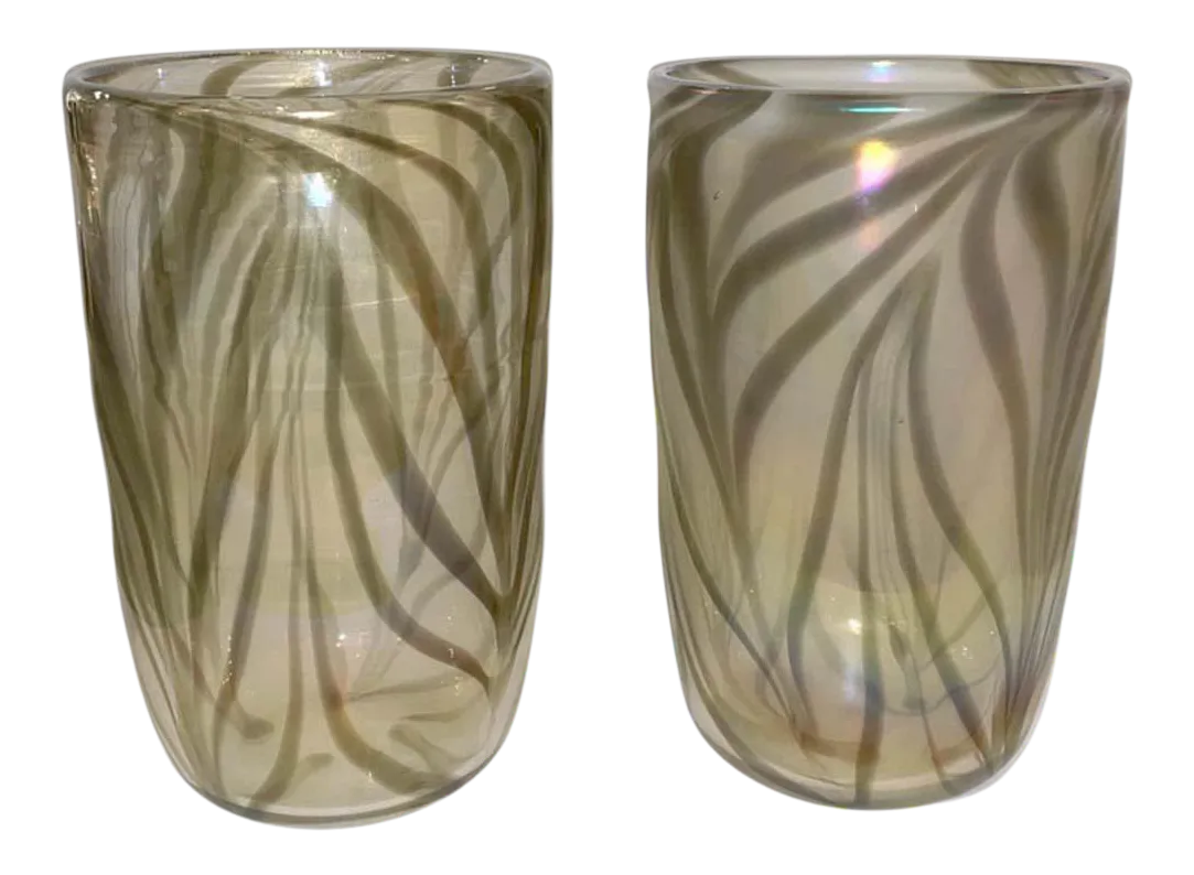 Cenedese Italian Pair of Iridescent Zebra Smoked Gold Murano Glass