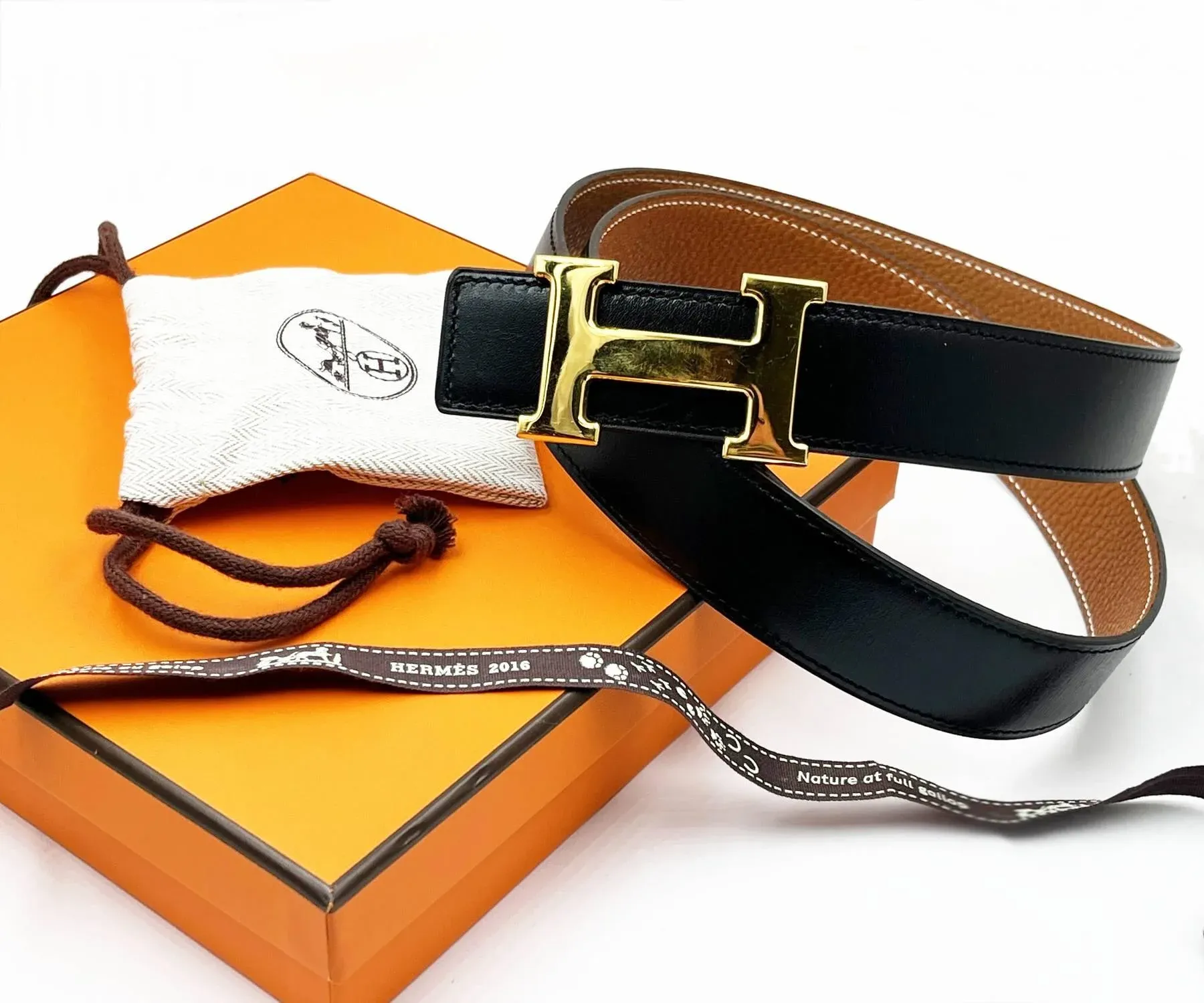 Hermes Constance 32mm Gold H Black Brown Reversible Belt