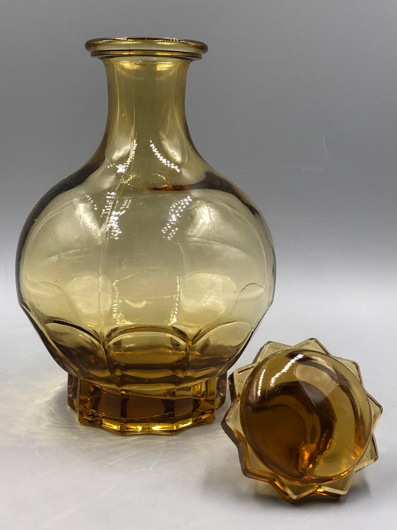 Antique French Amber Pressed Glass Liqueur Set, Set of 7