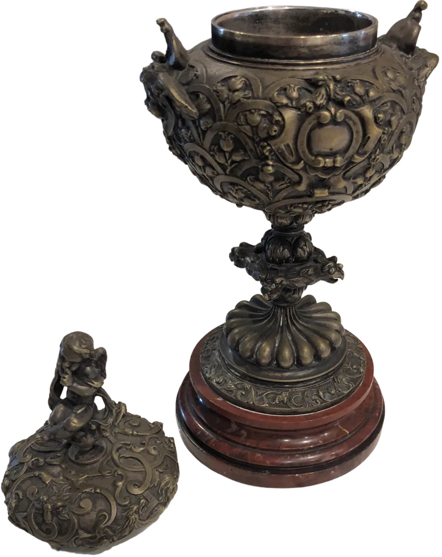 Late 19th Century Silver-Tone Metal Ornate Urn With Marble Base