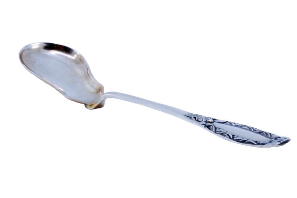 Silver Sauce Spoon with Raised Floral Motifs and Cartouche Handle