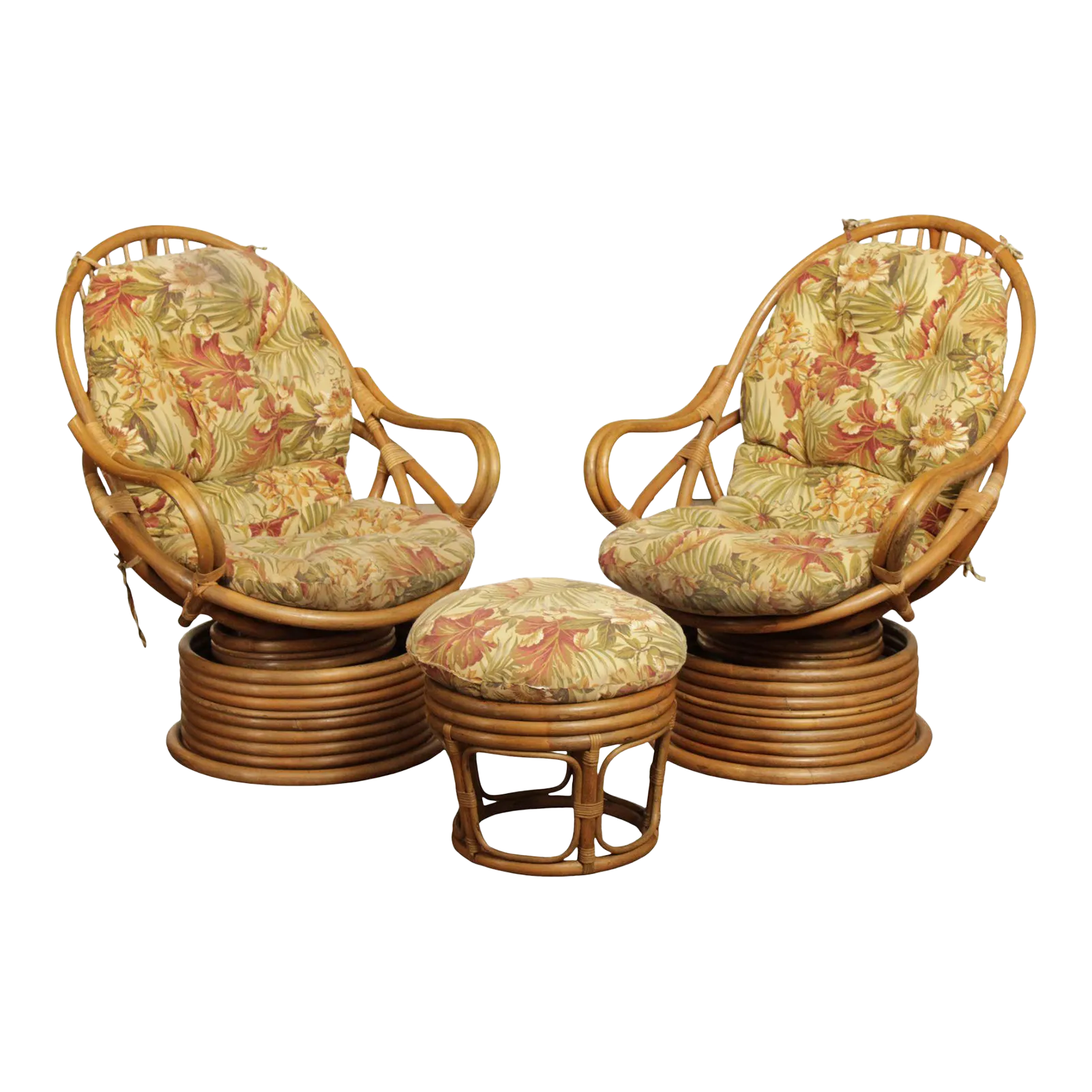 Mid Century Modern Rattan Swivel Lounge Chairs with Ottoman Set of 3