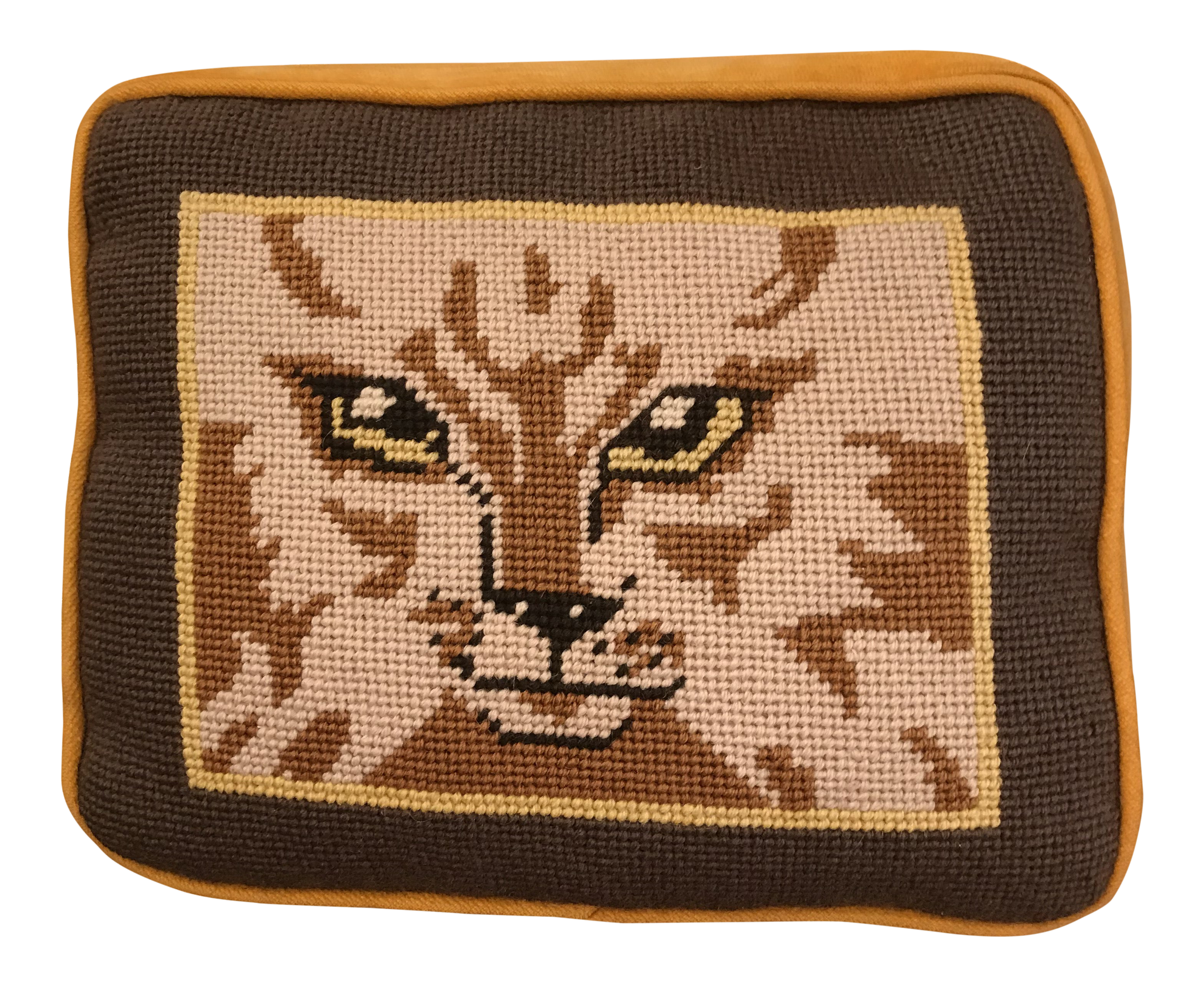 20th Century Hollywood Regency Needlepoint Tiger Jungle Cat Pillow