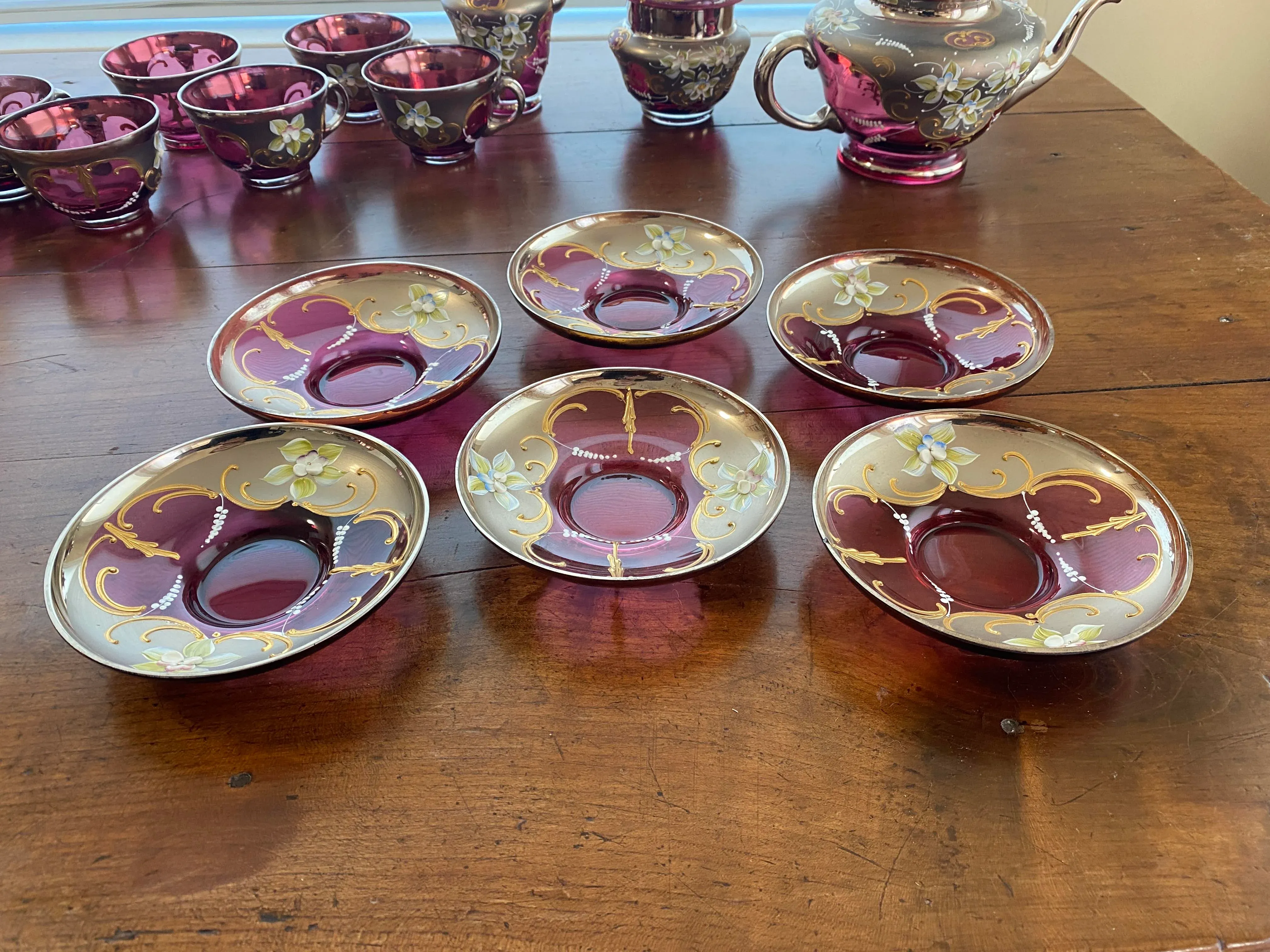 Vintage Venetian Murano Cranberry Glass HandPainted 24k Gold