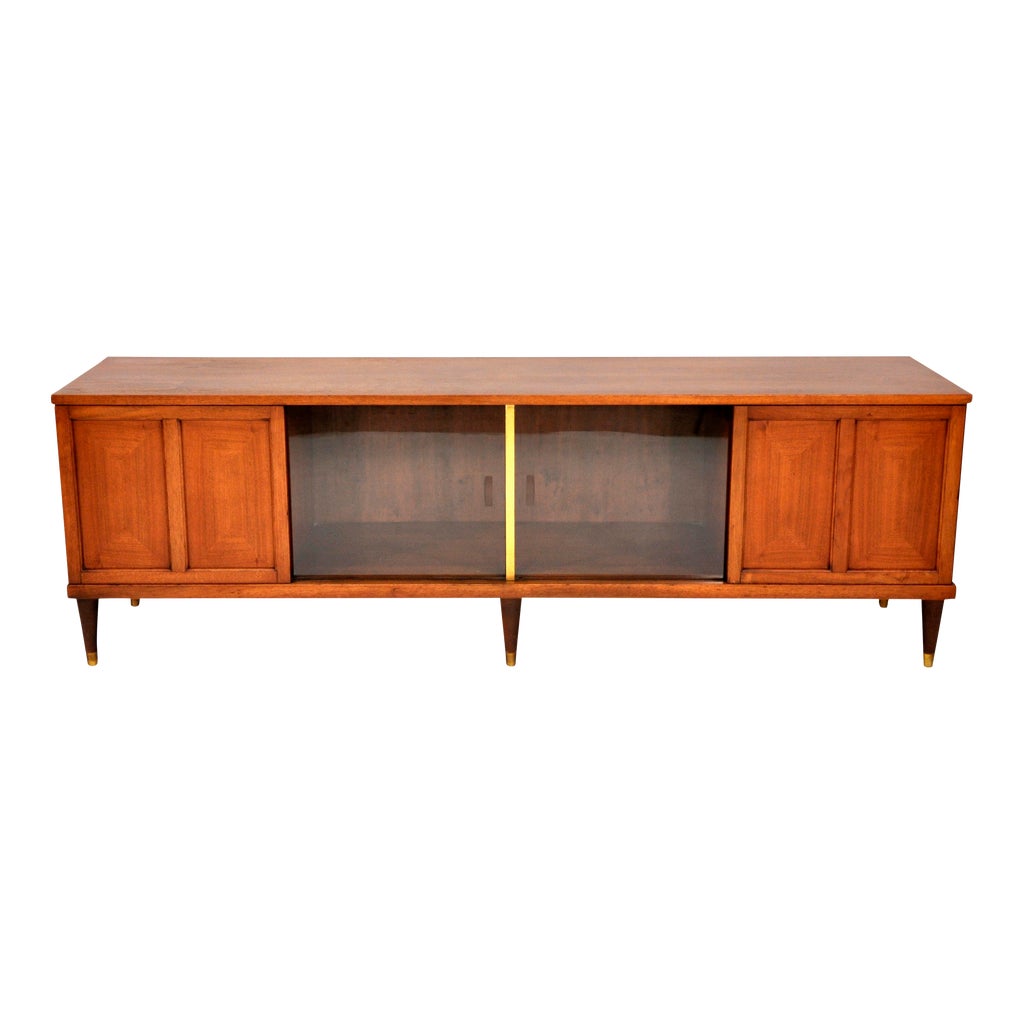 Mid 20th Century Mid-Century Modern Walnut, Brass and Glass Credenza