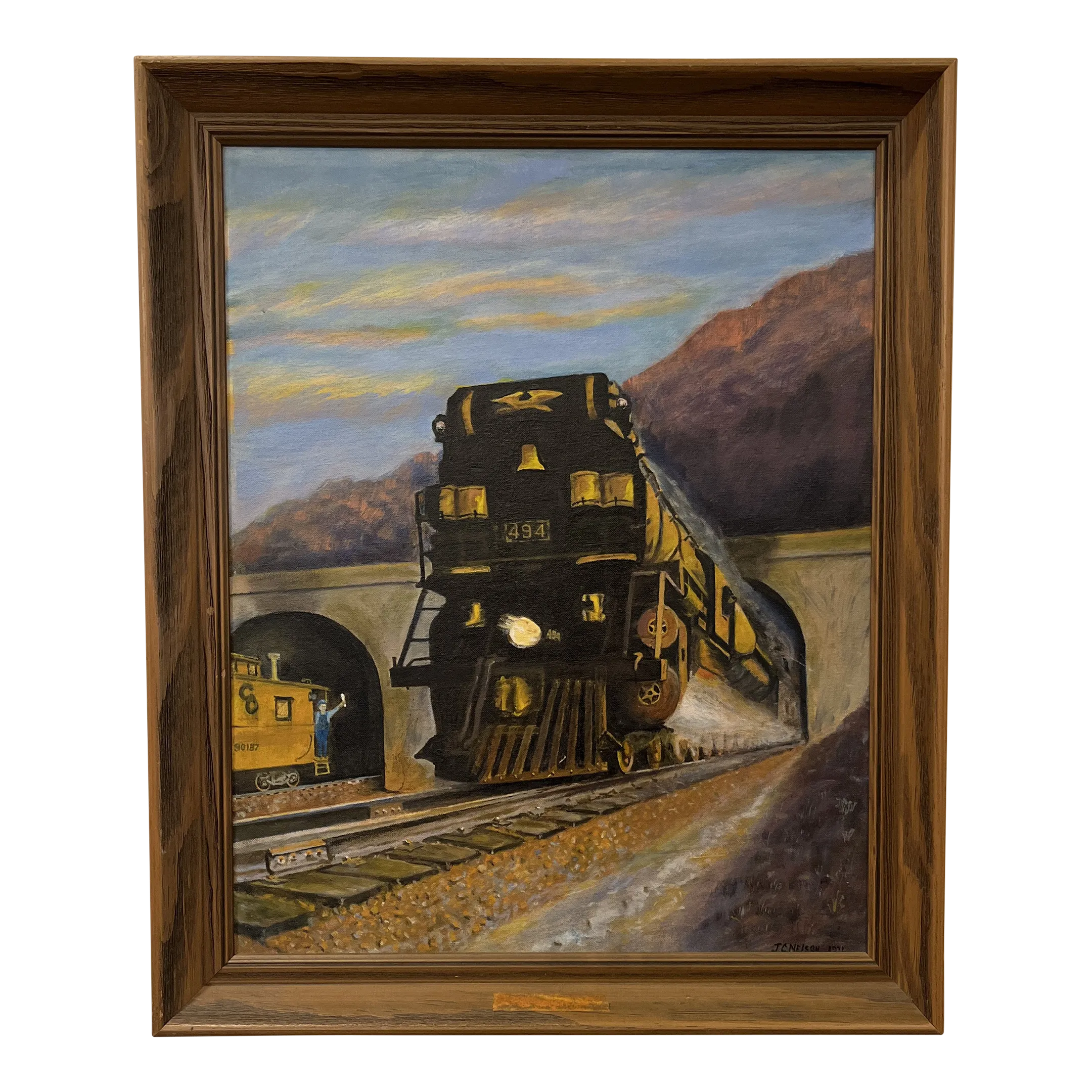 絵画 Lone Mountain Realist Mountain Landscape With Train Painting by J. Nelson