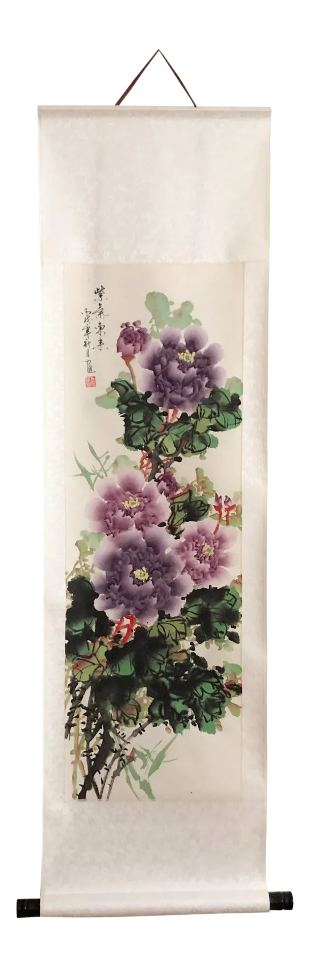 Floral Chinoiserie Silk Scroll Painting Peony Blossom Chairish