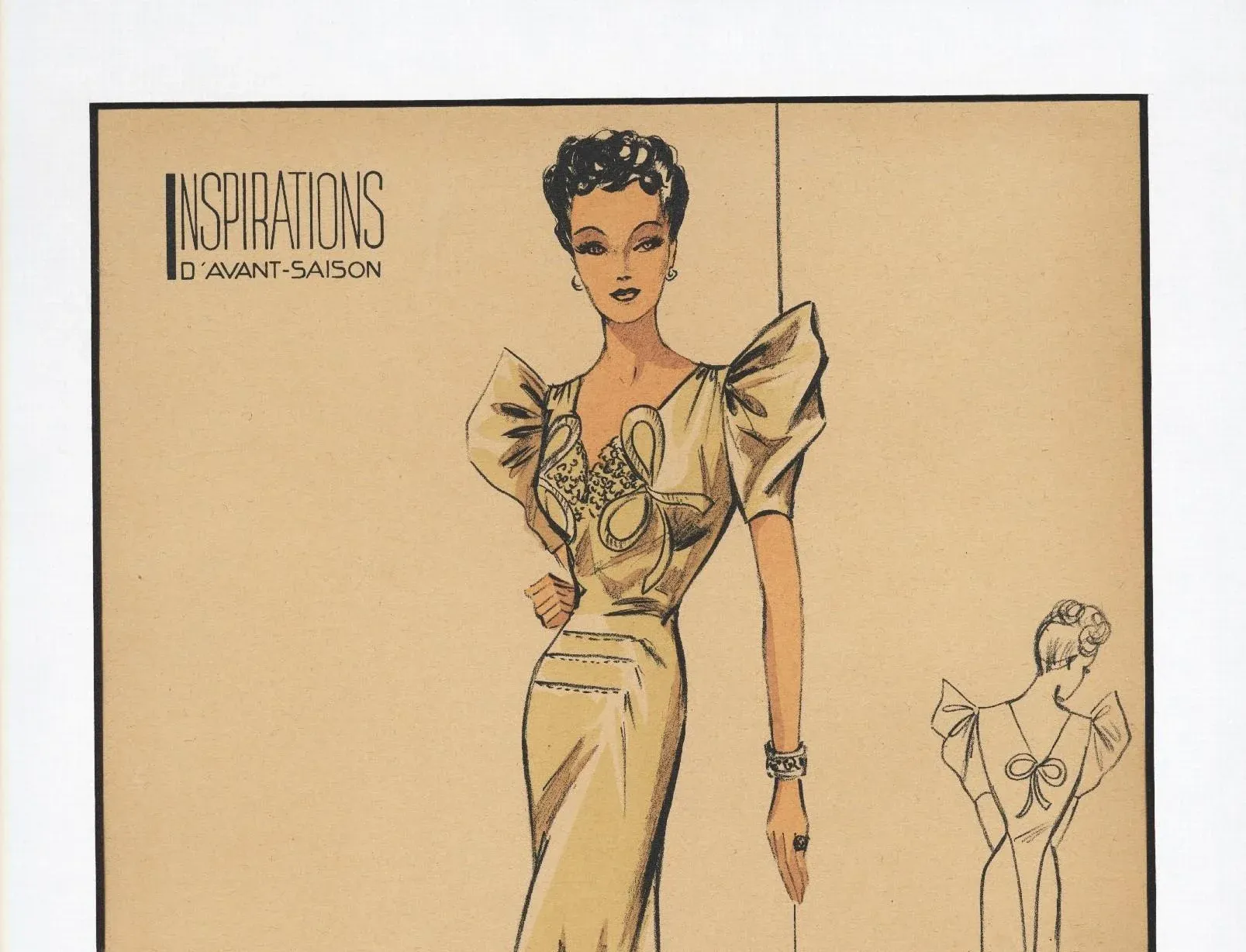 1940s Rare Large Mid-Century French Fashion Print, Evening Dress, Matted