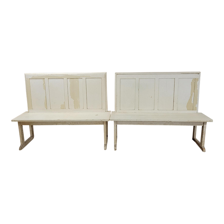 Vintage Farmhouse Painted Wood High Back Kitchen Benches a Pair