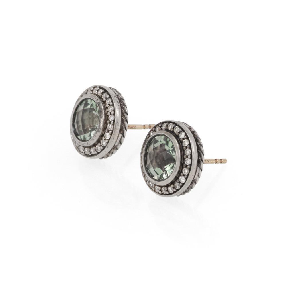 David Yurman Diamond Green Amethyst 925 Silver Stud Earrings,