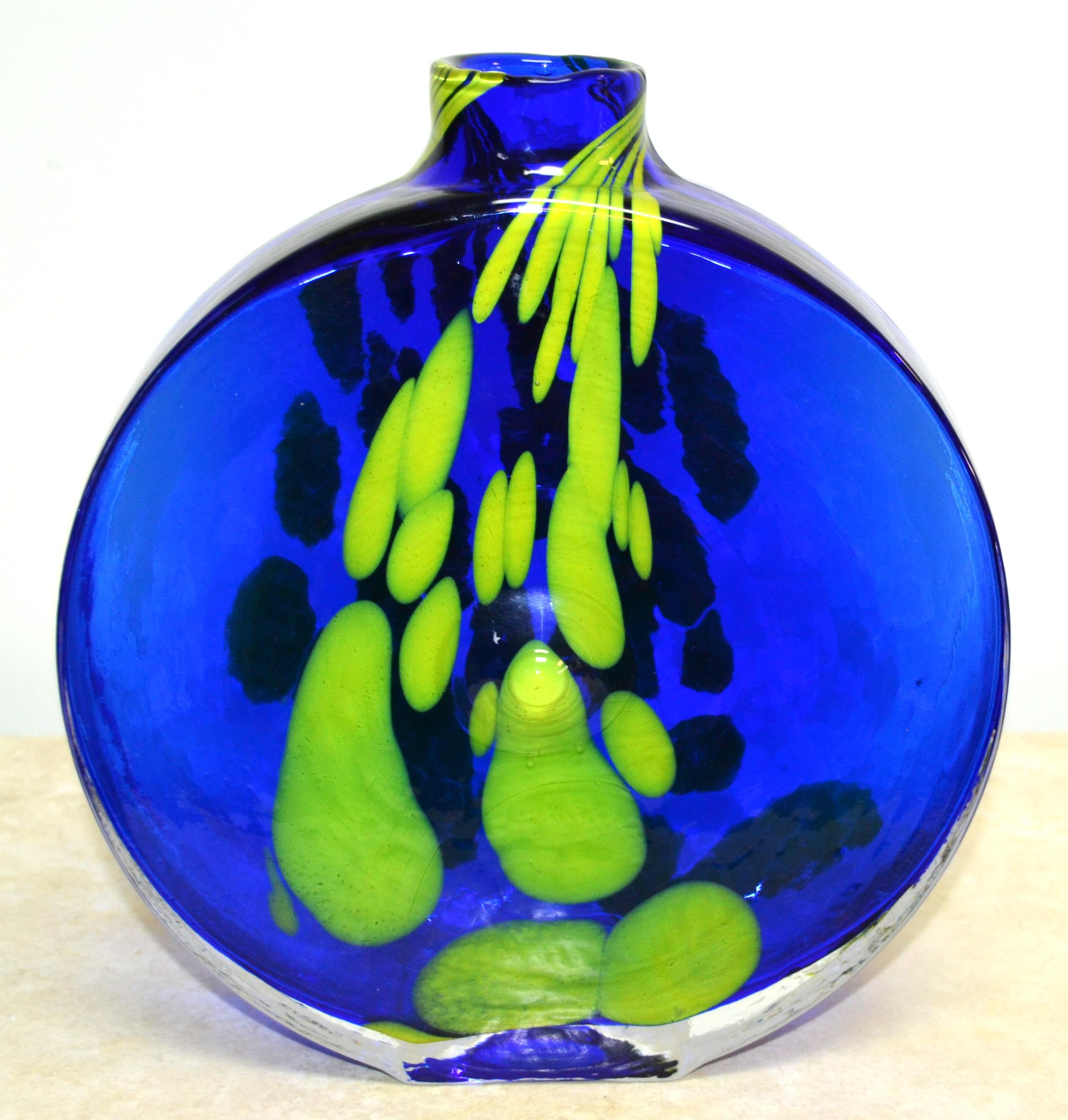 1974s Jan Gabrhel Chlum U Trebone Blue and Green Glass Vase Vessel