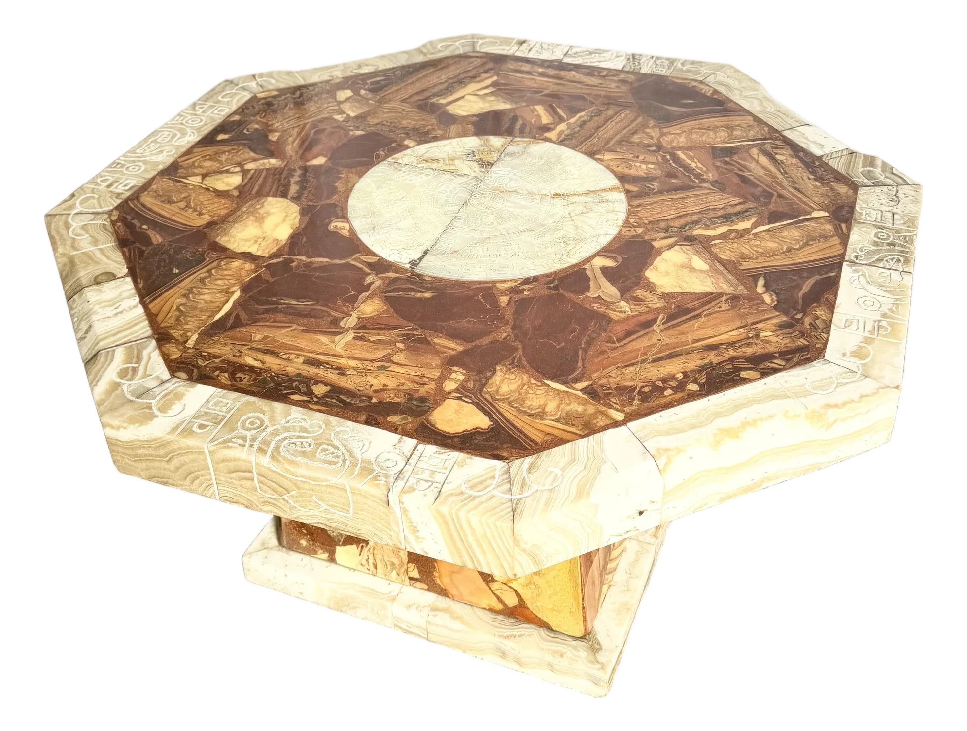Mexican “Aztec” Hand Carved Green and Brown Onyx Octagonal Coffee Table