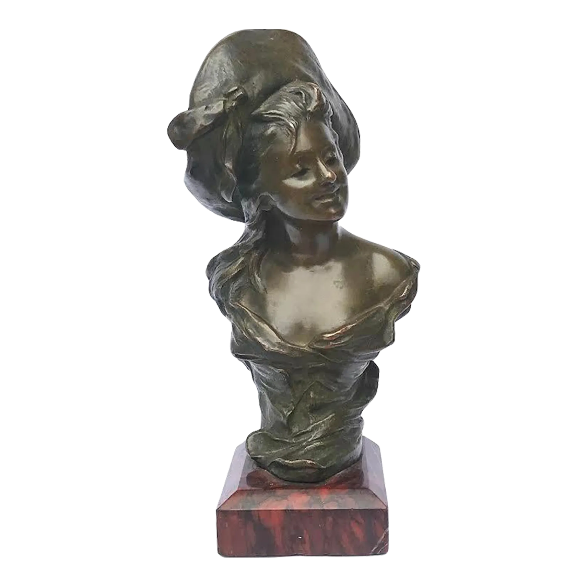 Antique French Art Nouveau Bronze Portrait of a Woman in a Hat by