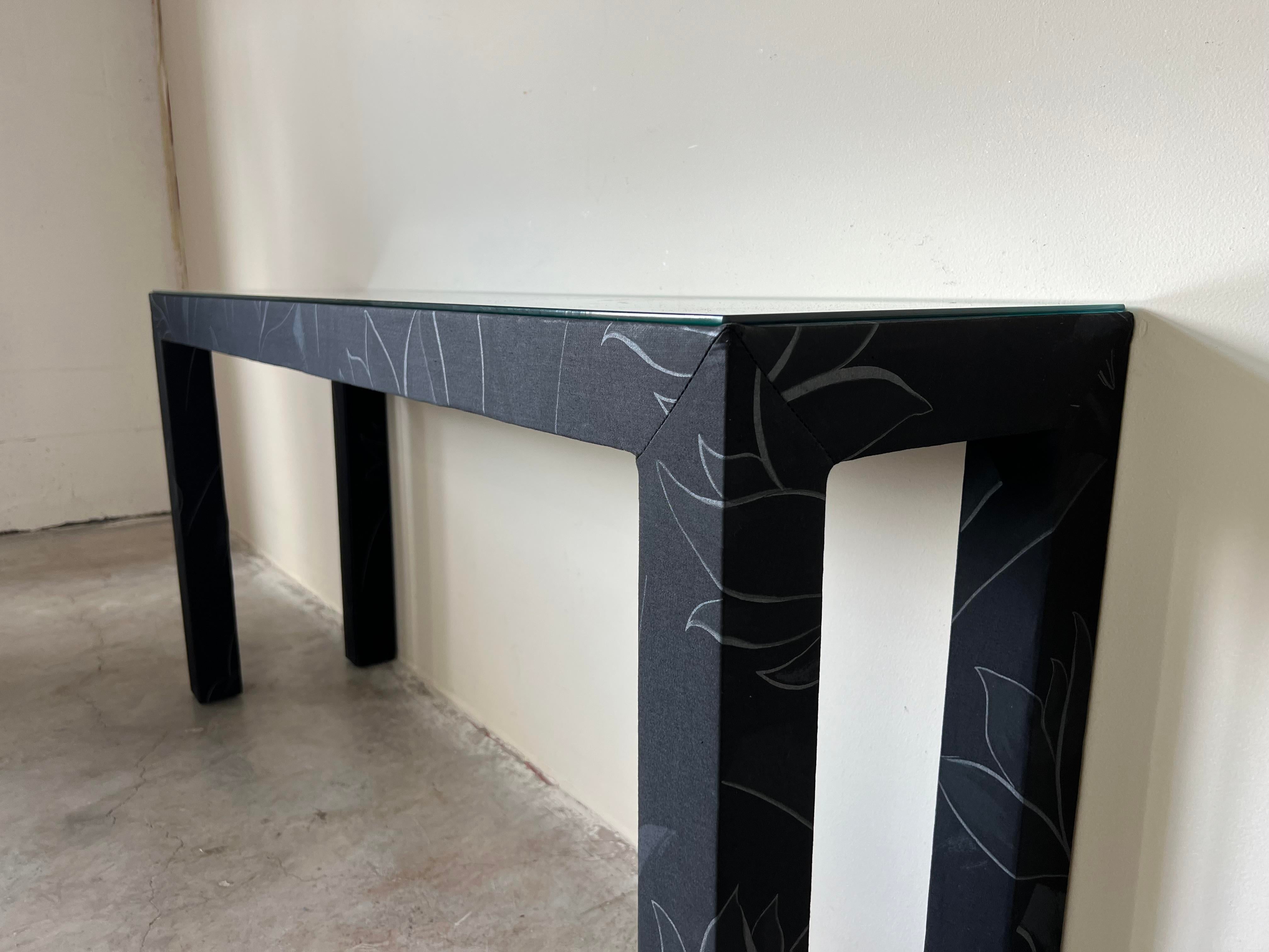 80 s Postmodern Upholstered Parsons Console Table W Glass Top