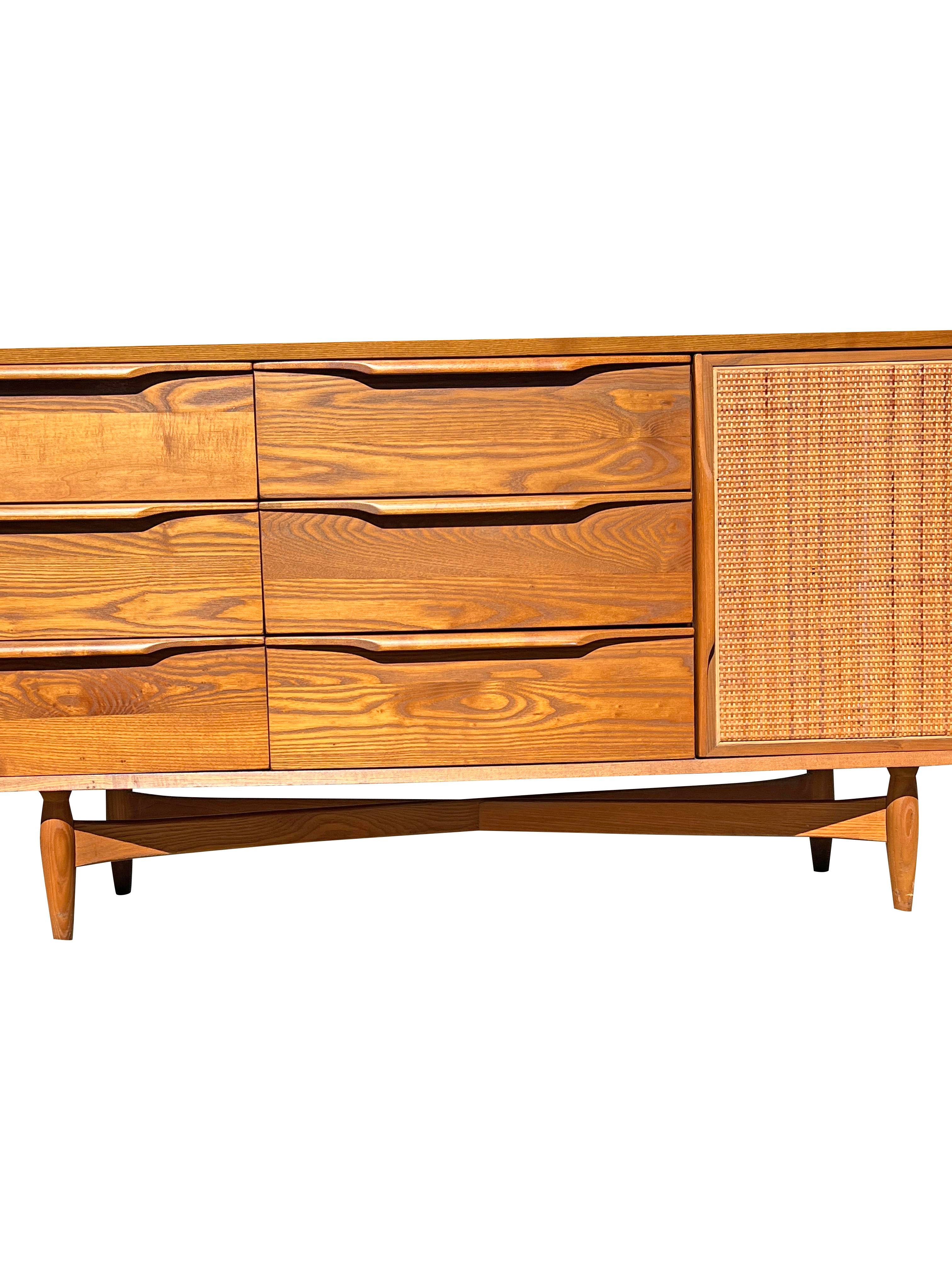 Vintage Mid Century Modern Oak and Cane Floating Low Long Dresser or  Credenza
