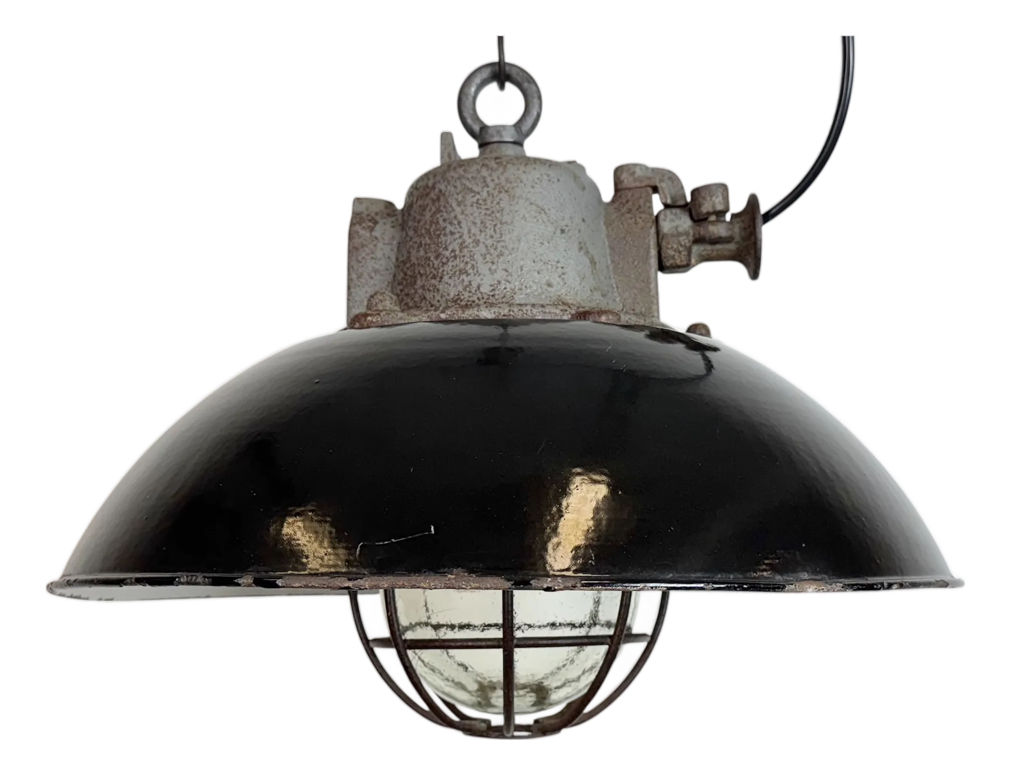 Industrial Black Enamel and Cast Iron Cage Pendant Light from Elektrosvit, 1960s