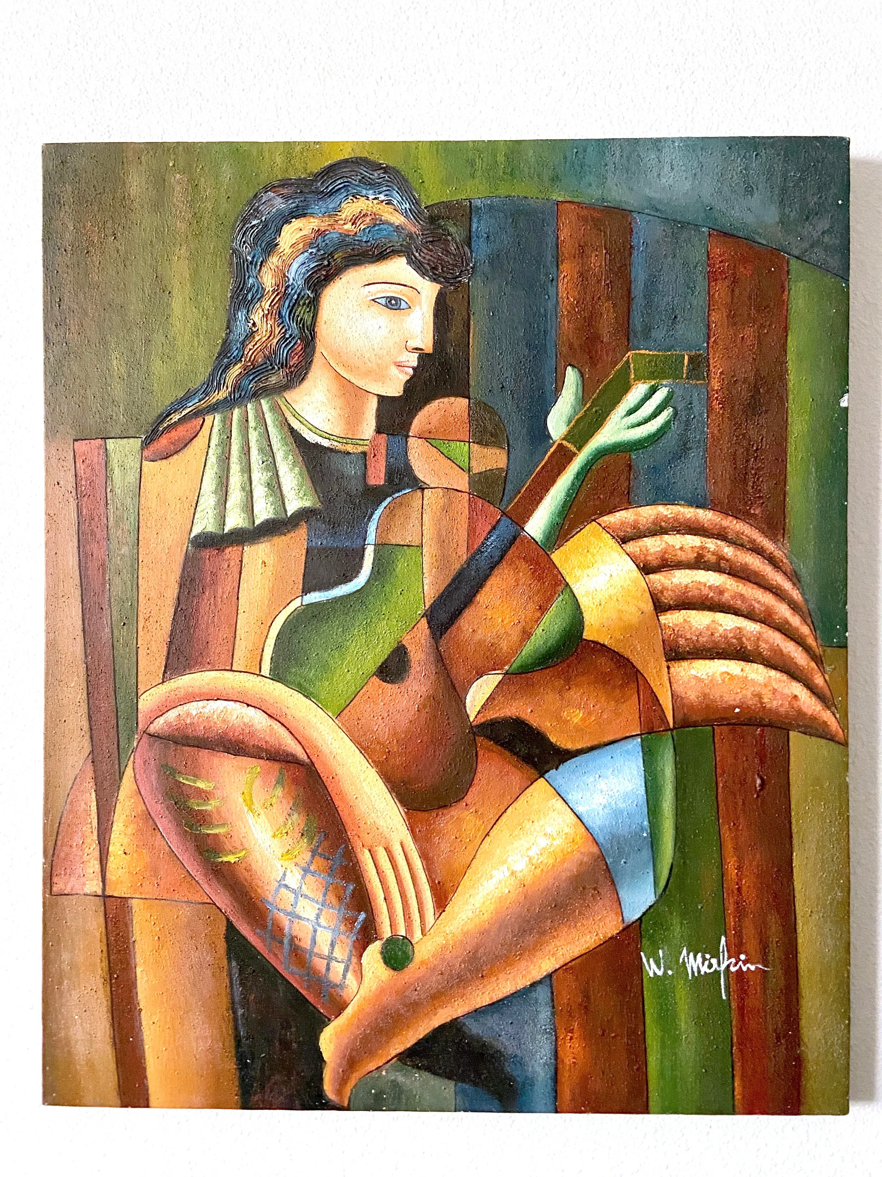 Painter 1960s Cubist Oil Painting of a Man with a Guitar by W