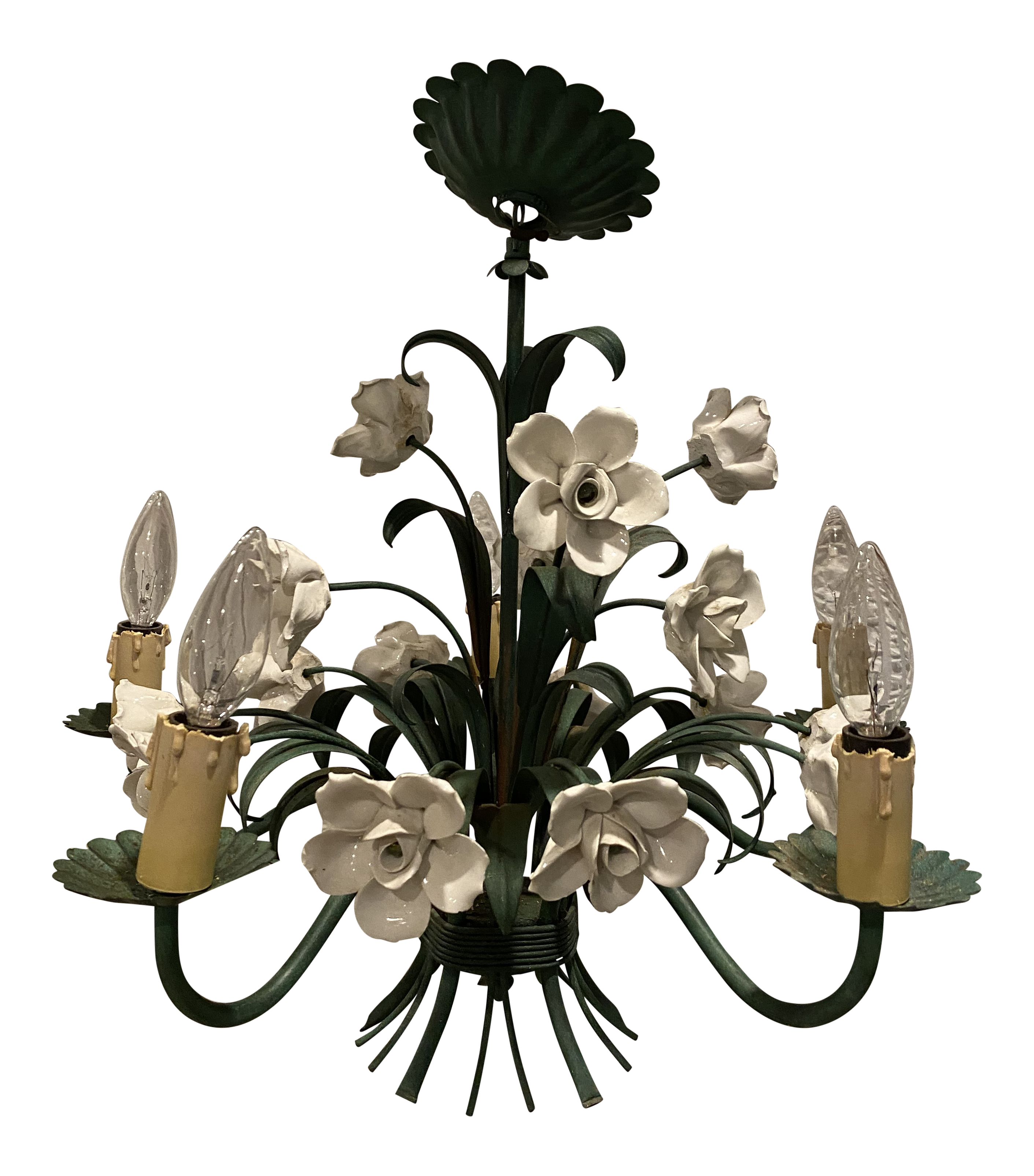 Vintage Metal Floral Chandelier With Porcelain Flower Details By Underwriters Laboratories Chairish