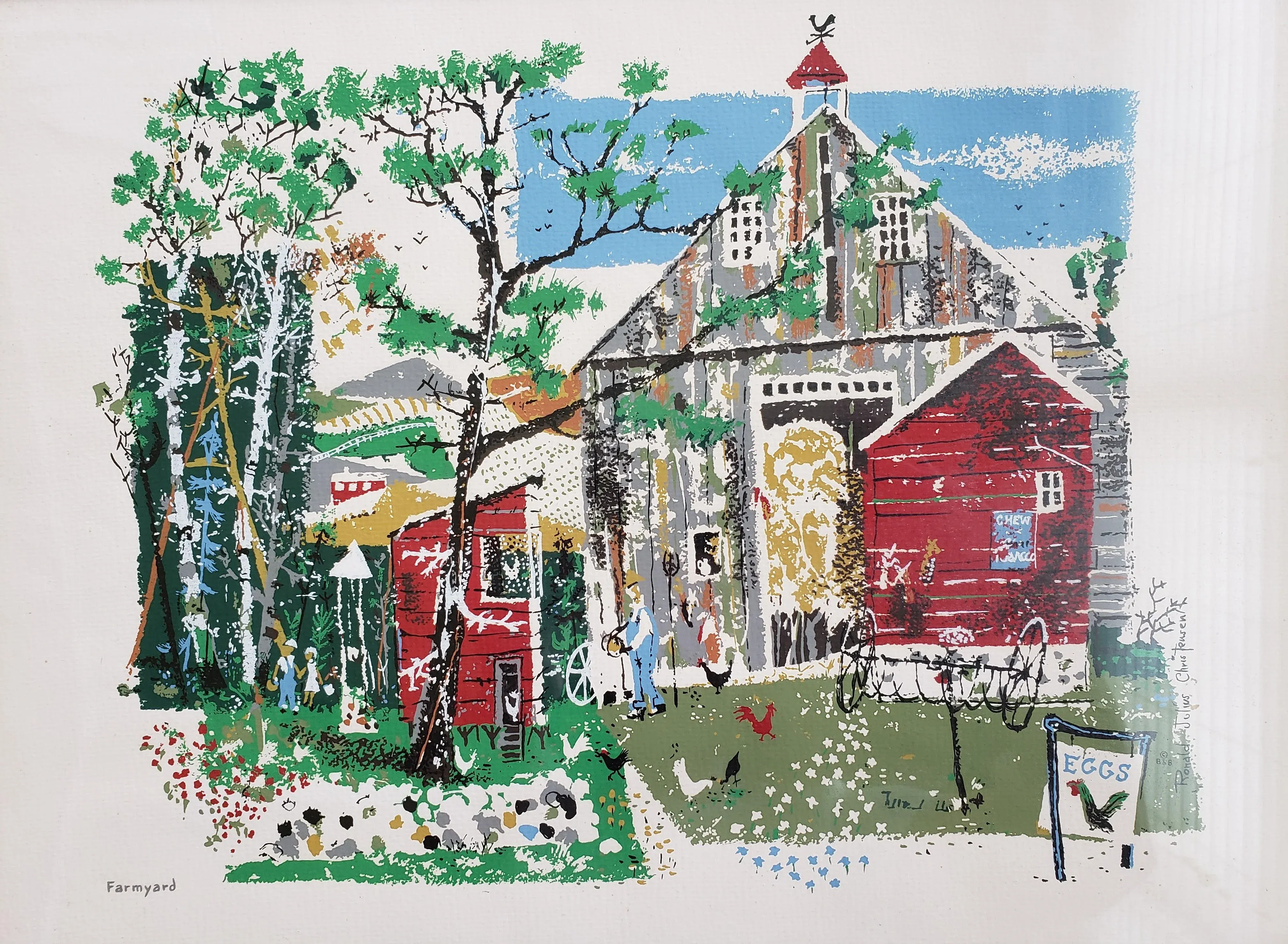 Mid 20th Century Country Farm Barn Scene Serigraph by Ronald