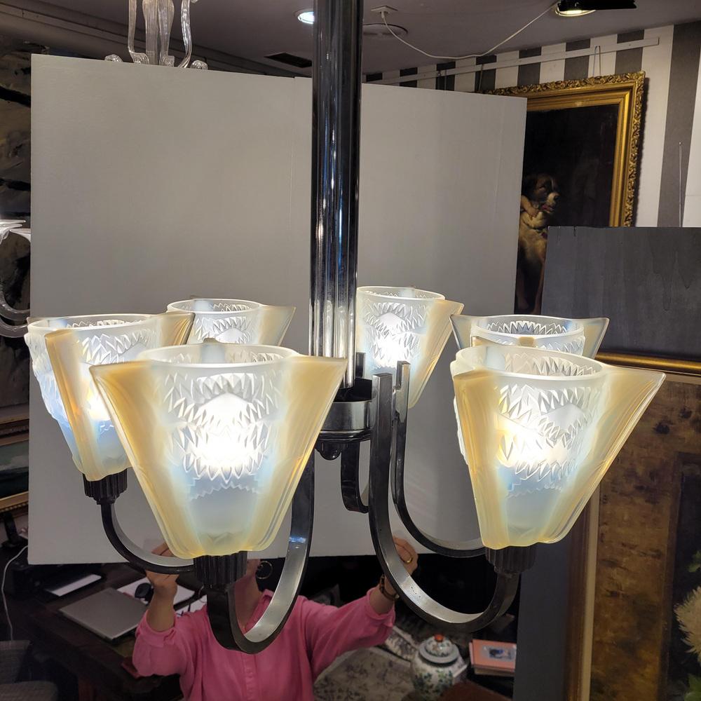 Pendant Light in Glass and Nickel-Plated Metal from Atelier Petitot Paris, 1930s