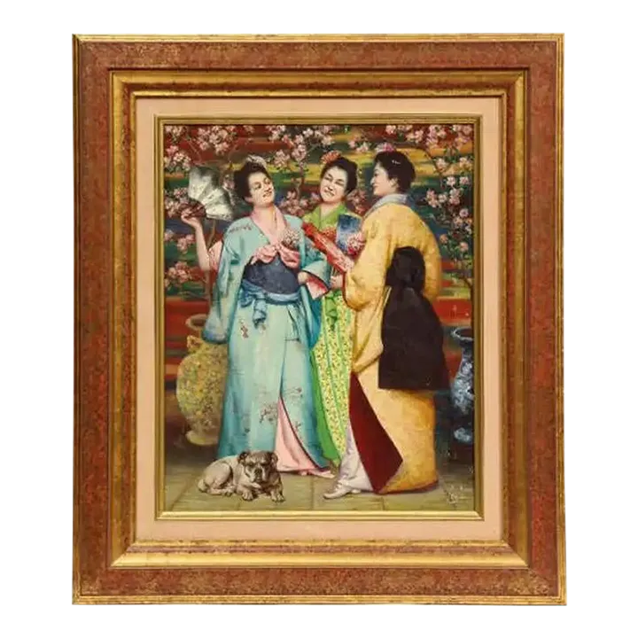Late 19th Century French Japonisme Oil Painting on Canvas of Three