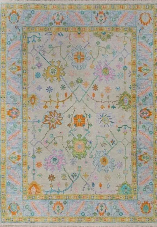 Modern Handknotted Oushak Rug in Vibrant Pink, Blue, Yellow & Green, 4
