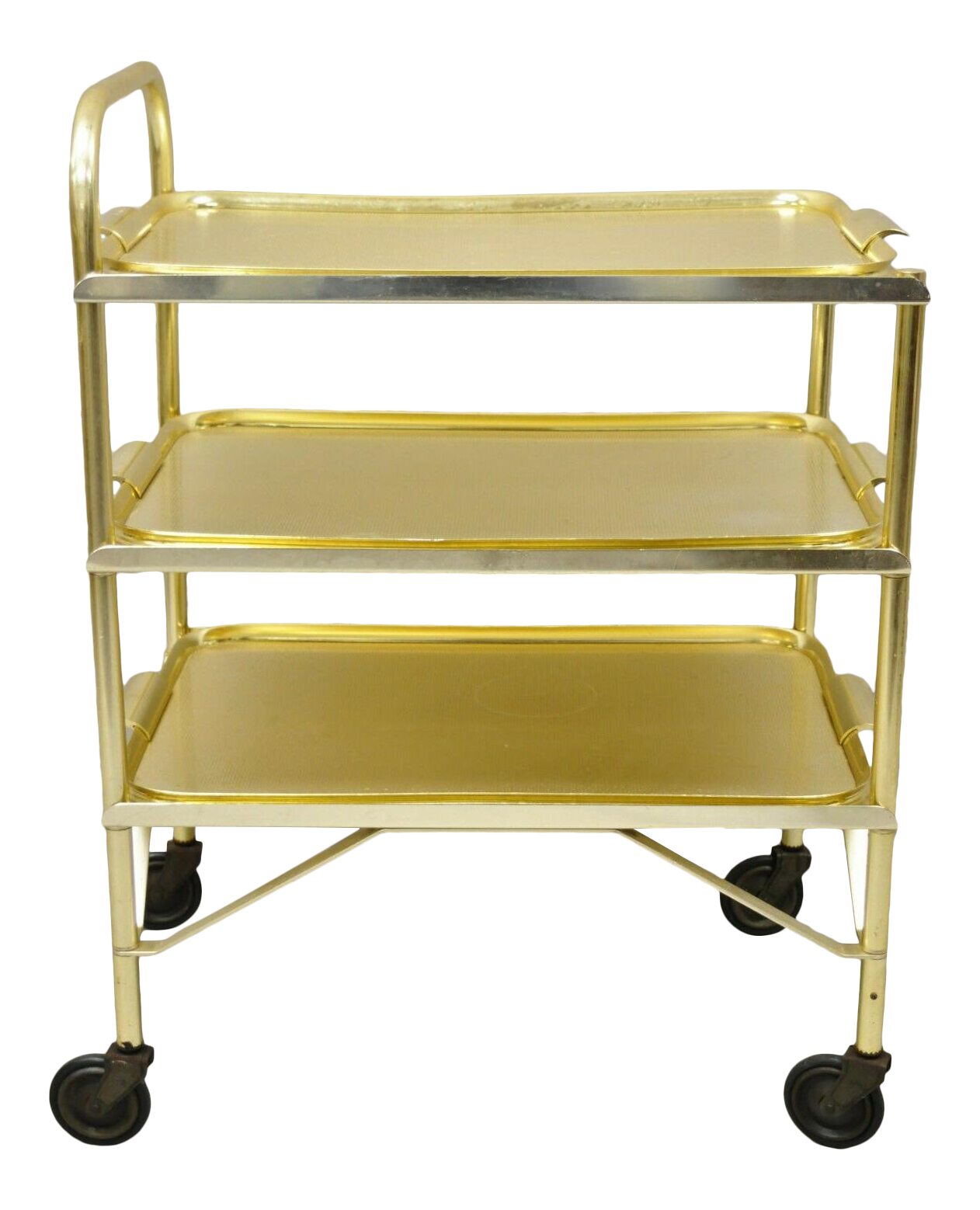Mid Century Gold Aluminum Metal Folding Rolling Bar Cart Server With 3