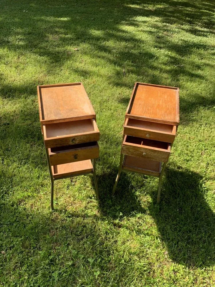 Industrial Metal and Wood Nightstands, Italy, 1960s, Set of 2