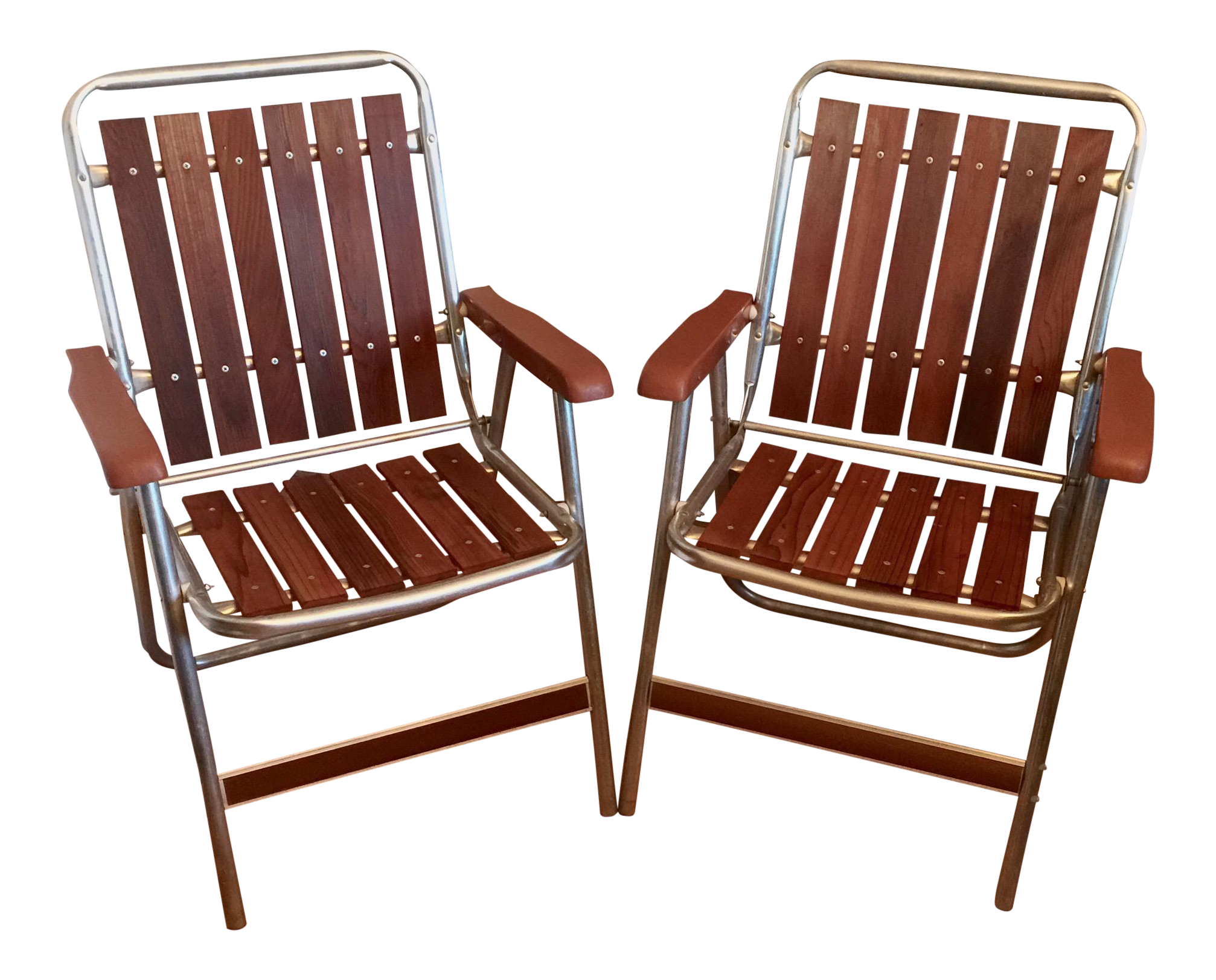 1960s Retro Aluminum And Redwood Folding Lounge Lawn Chairs A