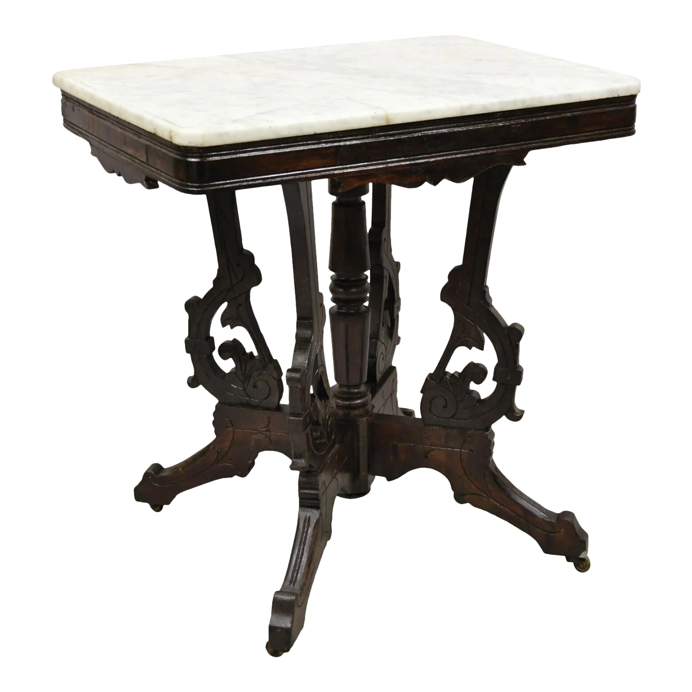 Antique Eastlake Victorian Marble Top Walnut Parlor Accent Side Table