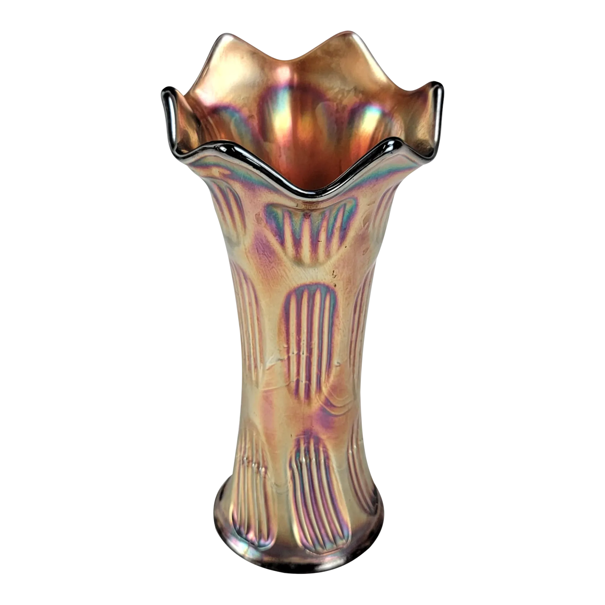 Fenton Diamond & Rib Iridescent Carnival Glass Vase – 8.5
