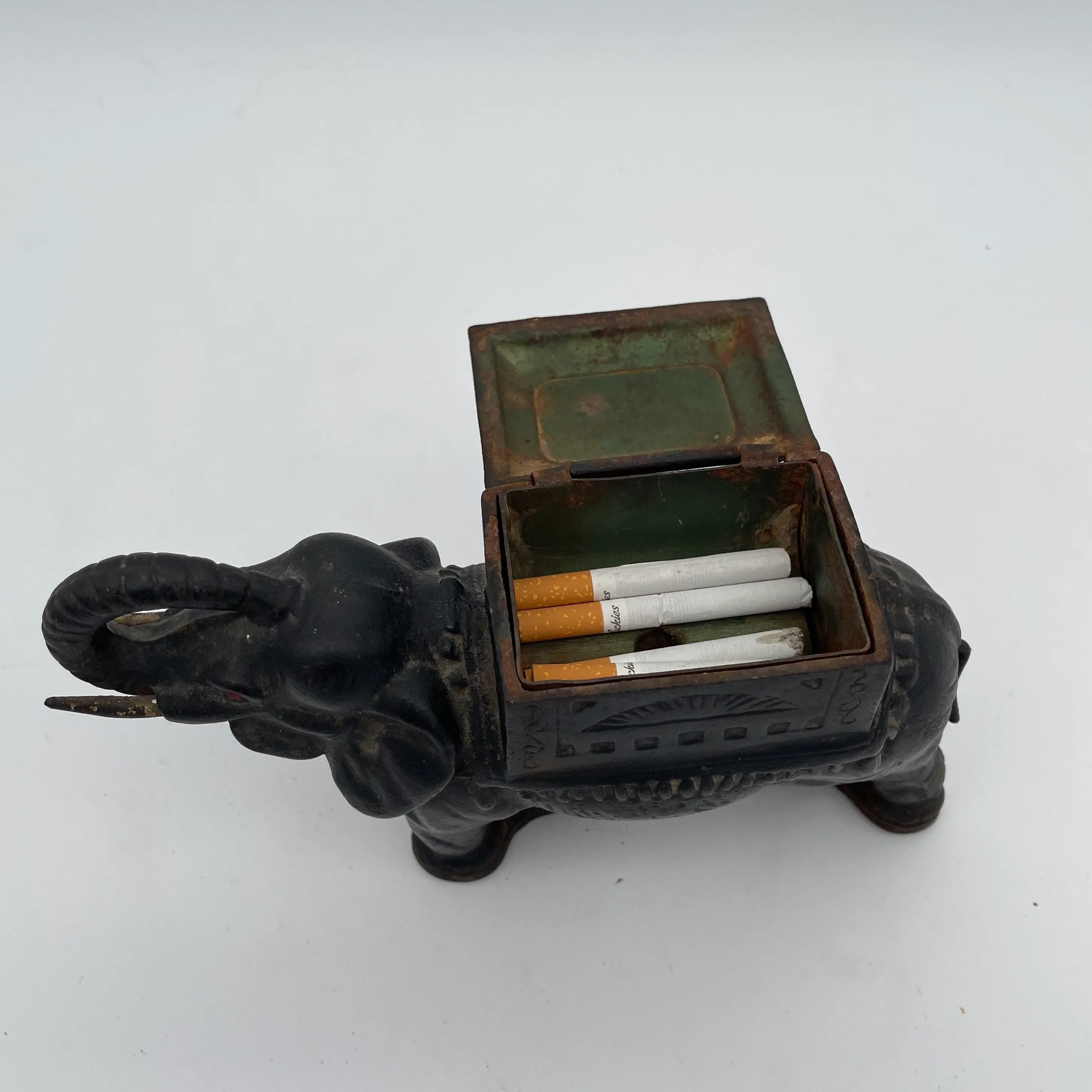 Art Deco Cast Iron Elephant Cigarettes Holder and Dispenser