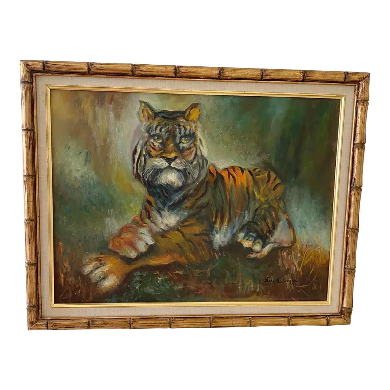 Vintage Tiger Oil Painting With Faux Bamboo Frame Chairish