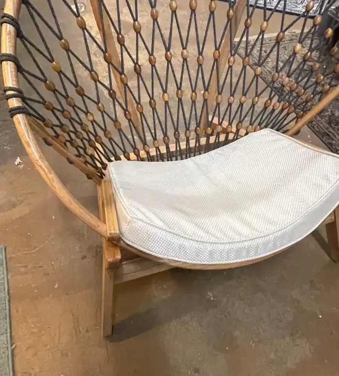 Late 20th Century Modern Round \'Snowshoe\' Wood & Woven Rope Lounge Chair
