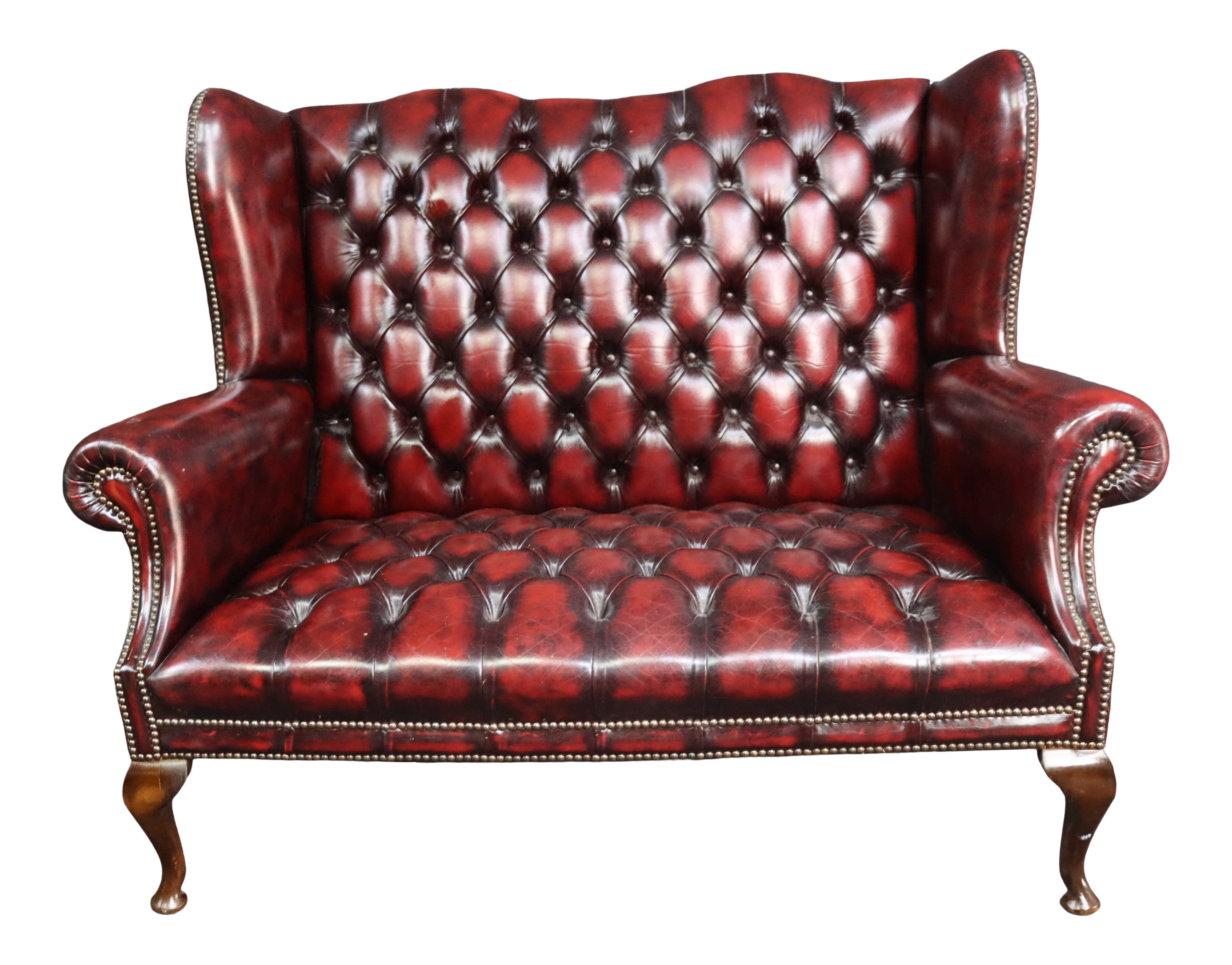 Queen Anne Wing Back Tufted Leather Loveseat