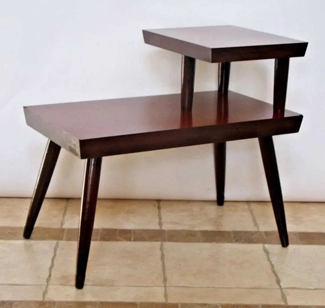 1950s Atomic Era Mid Century Modern Brass Mahogany End Table Two