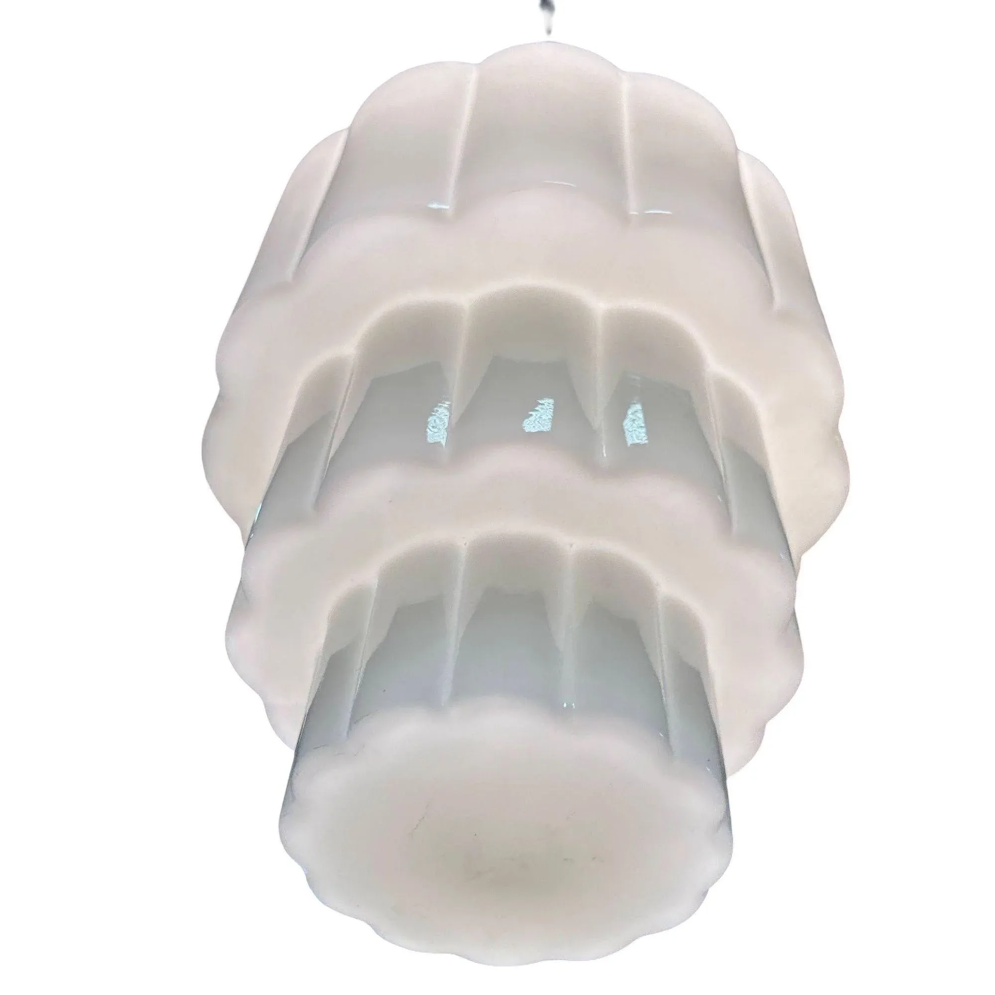 1930s Art Deco Era Ornate Brass Pendant Light W/ Stepped Milk Glass Skyscraper Shade
