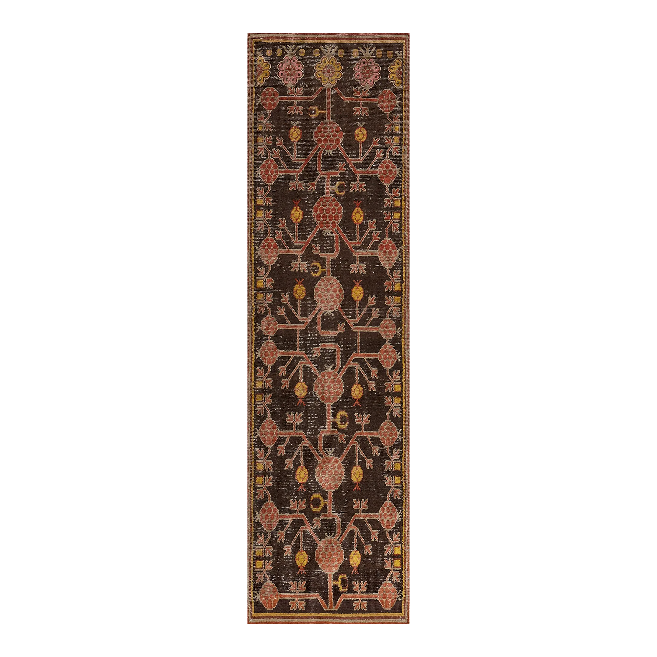 Hand-Woven Brown Wool Antique Pomegranate Khotan Runner