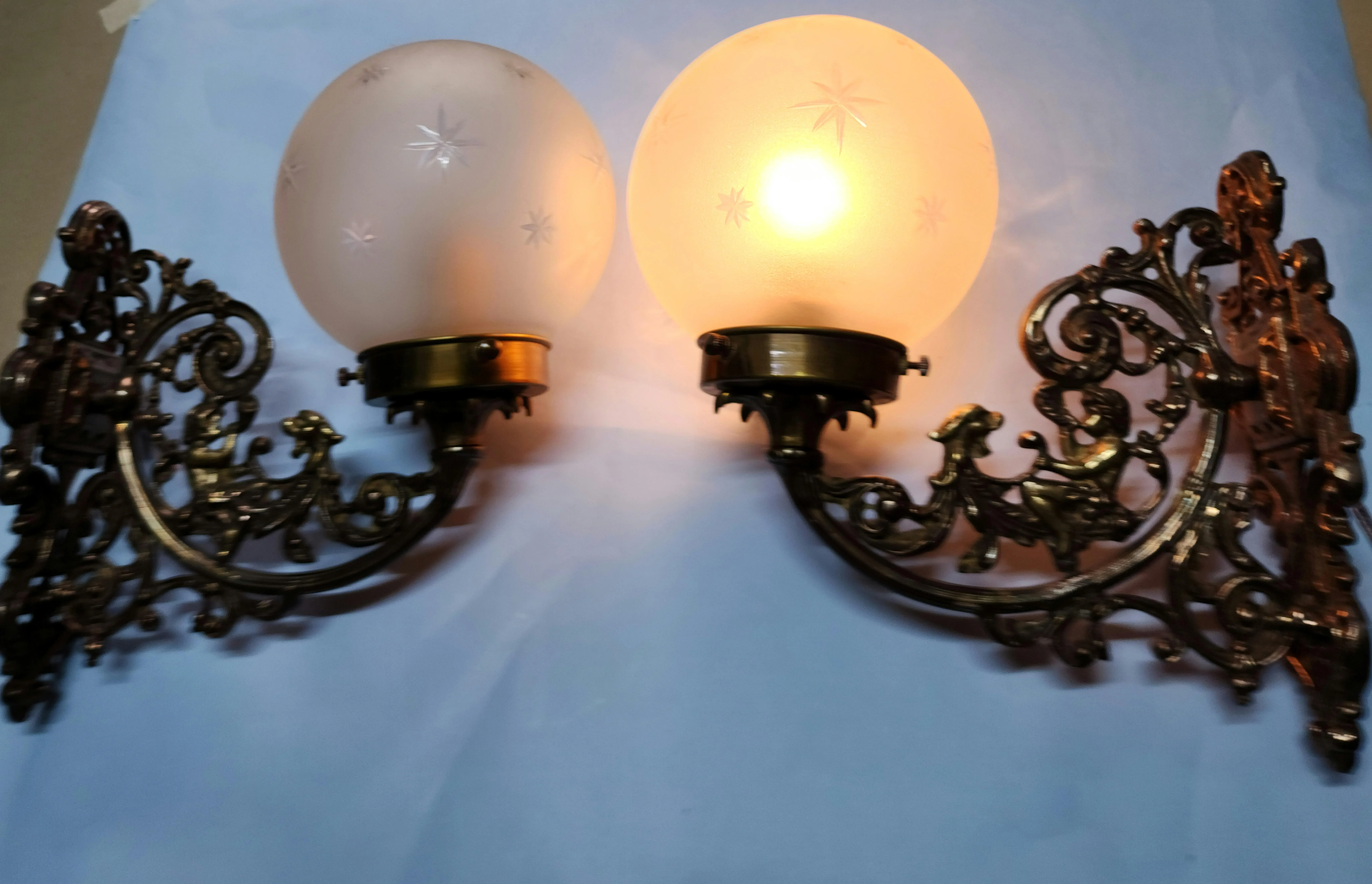 Pair Vintage Art Nouveau Deco Cherub Wall Sconces in Brass \u0026 Frosted Star  Globe Glass Shade, image size:9758x6284