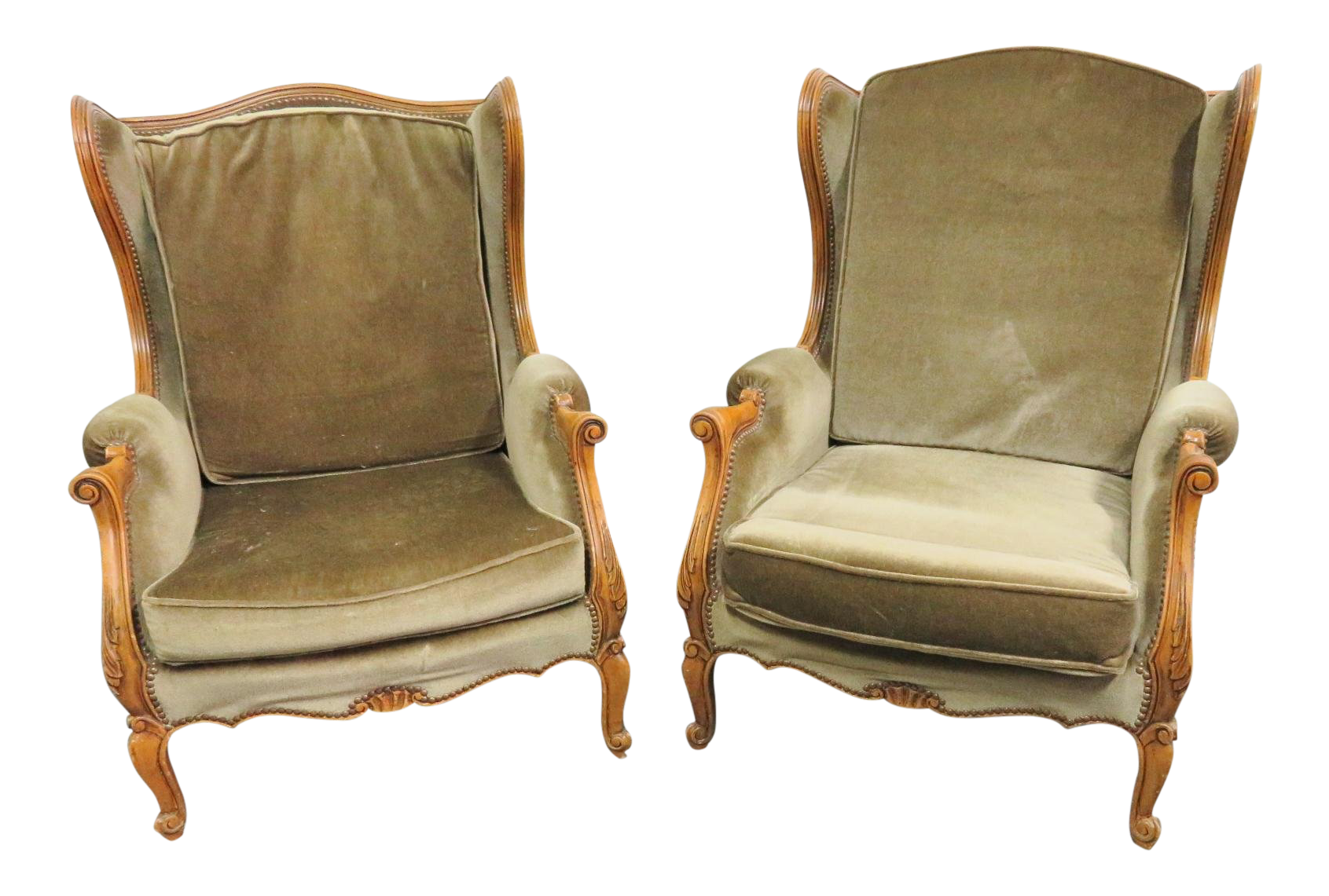 Louis XV Velvet Upholstered Walnut Wingback Chairs a Pair Chairish