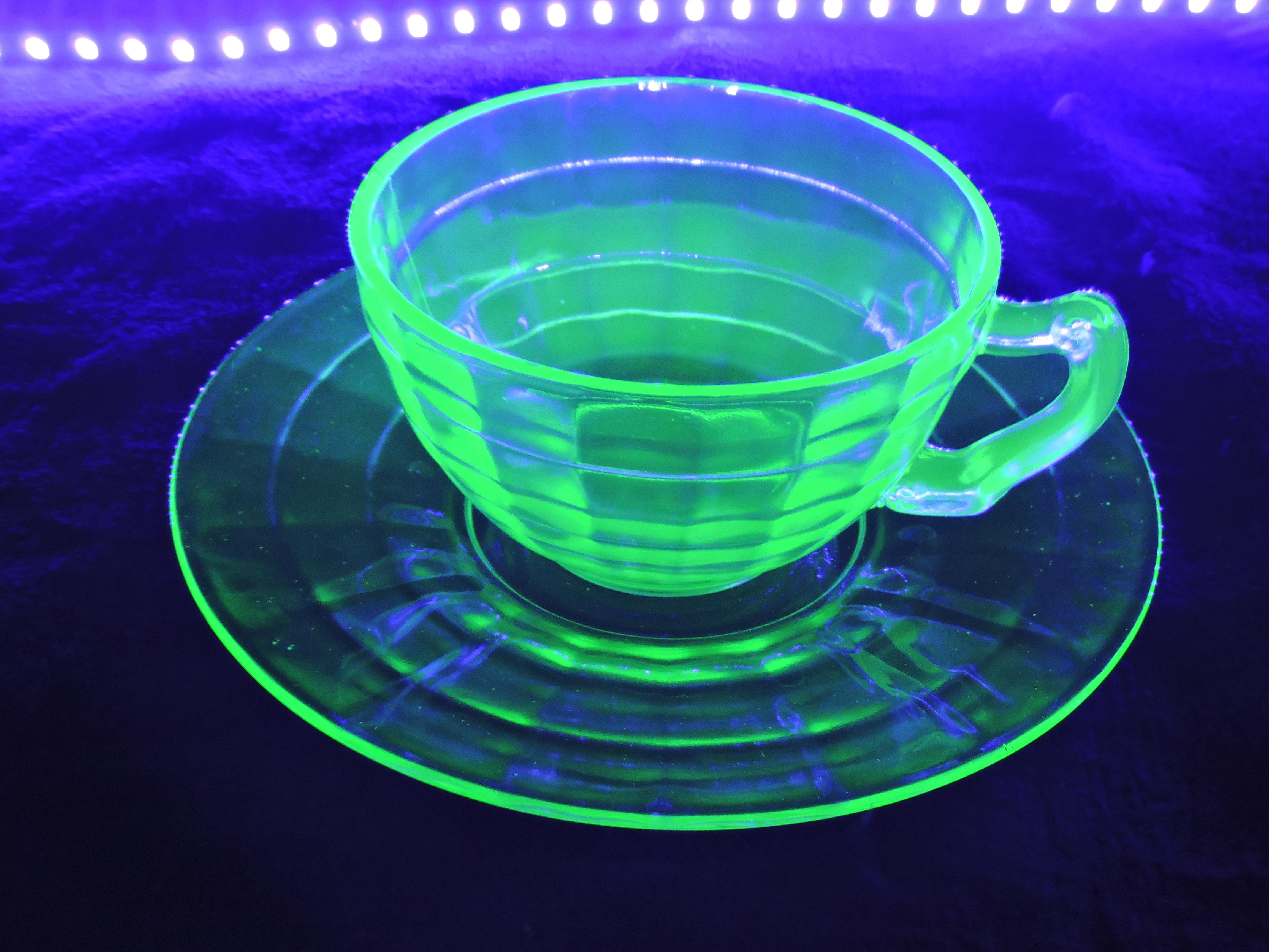Circa 1930s Anchor Hocking Vaseline Glass Block Optic Teacup Saucer Set-  Pieces